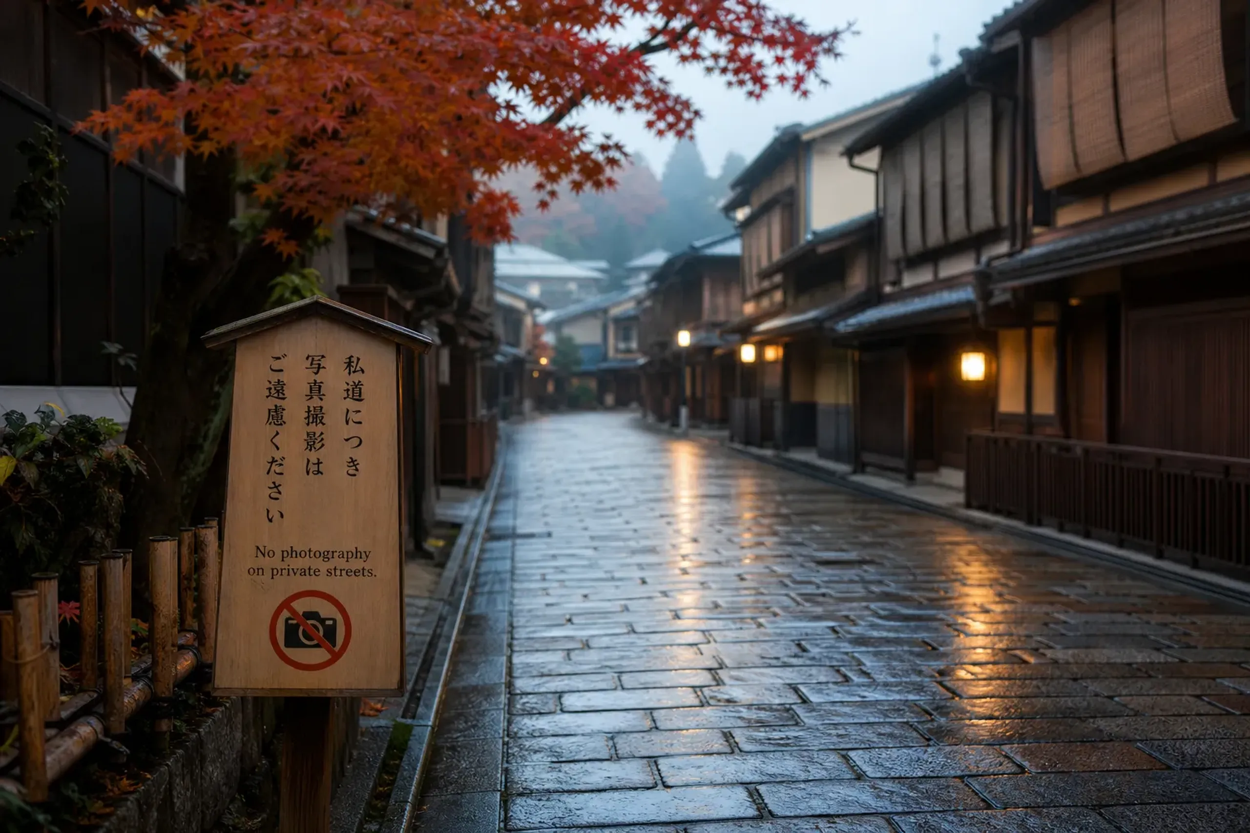Early morning in Kyoto Gion with traditional streets before crowds and with photography guidance signage