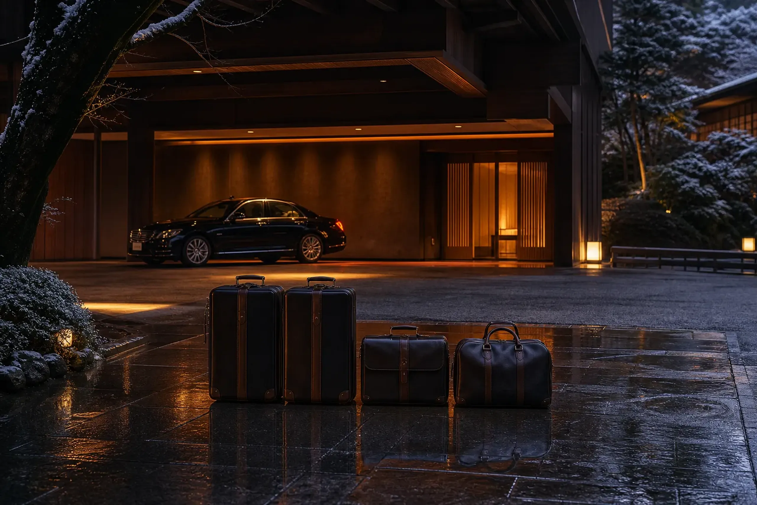 A discreet black chauffeur vehicle waiting at a controlled side entrance of a Japanese luxury hotel driveway at dawn, doors closed, with matching luggage set neatly on a polished stone forecourt