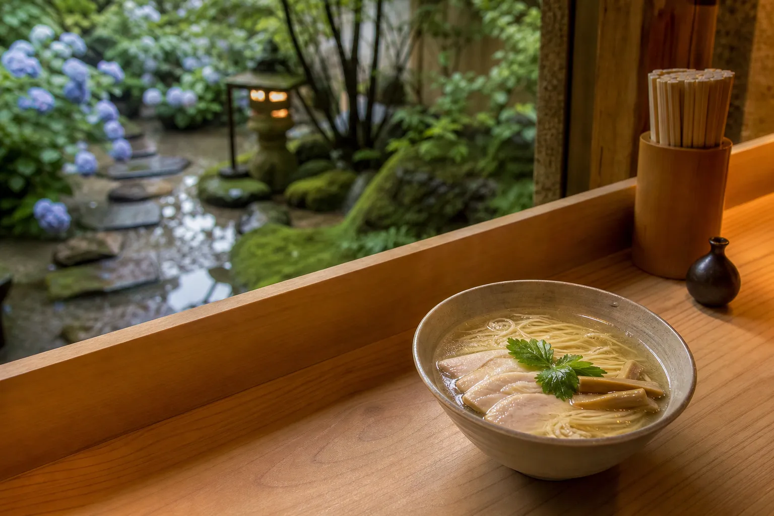 Clear kombu-based ramen with chicken and bamboo shoots on a wooden counter at Kombu-to-Men Kiichi in Kyoto