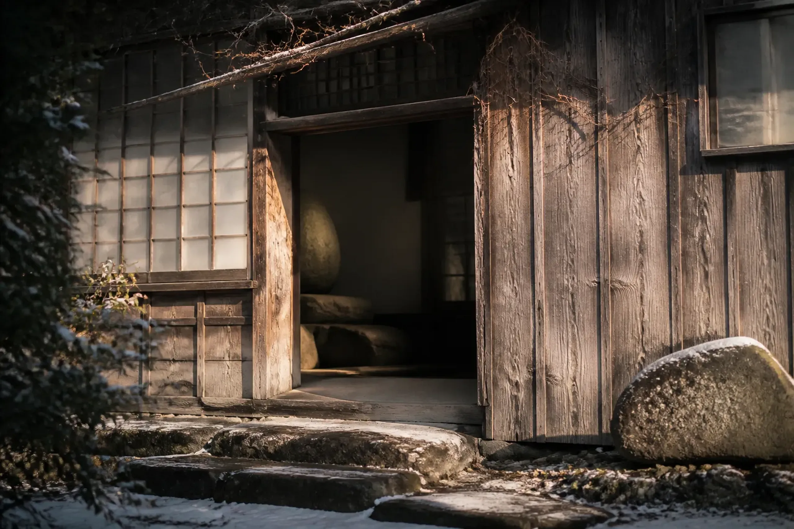 The exterior of the Isamu House, a samurai residence relocated from Marugame, viewed from its entrance and through its windows