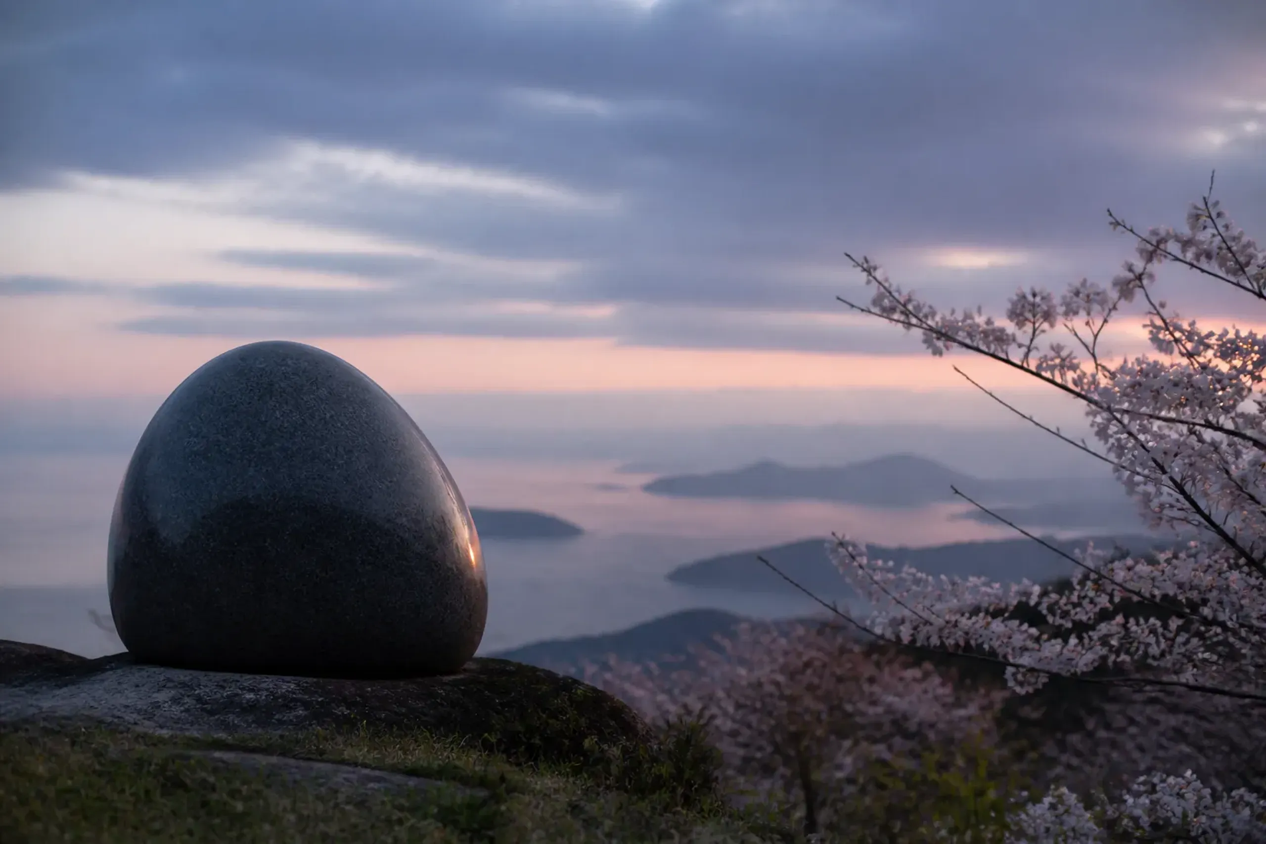 The egg-shaped stone on the hill above the Mure grounds, with the view out across the Seto Inland Sea beyond it