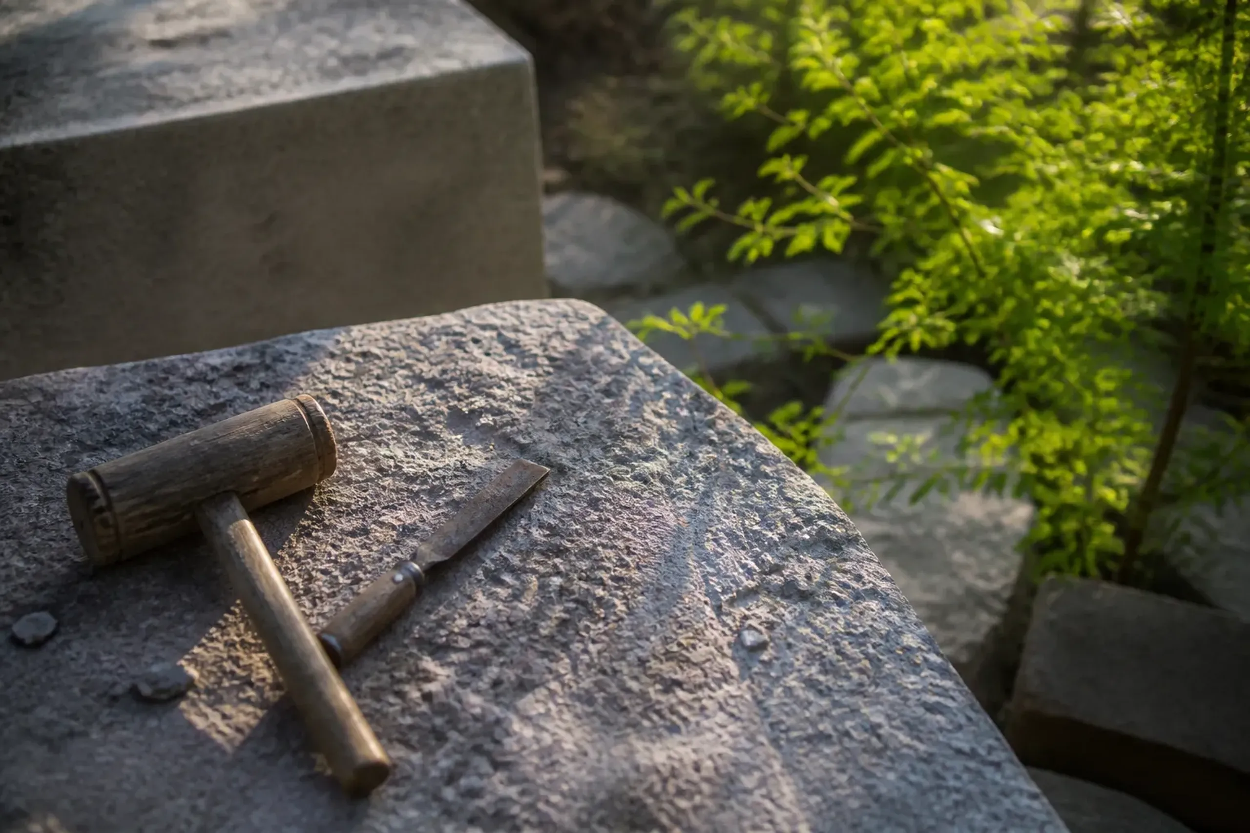 Traditional stonecutting tools resting on rough Aji granite in the open-air studio, left where the shokunin craftsmen set them down