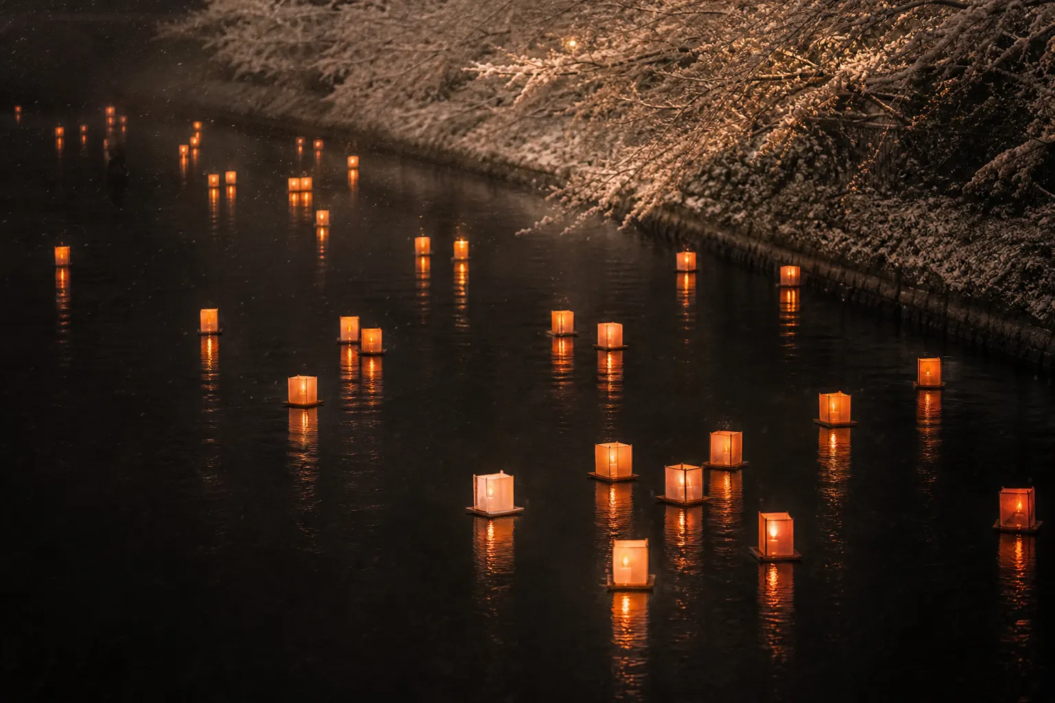 Paper lanterns floating on the Imperial Palace moat at Chidorigafuchi during the Tokyo lantern festival