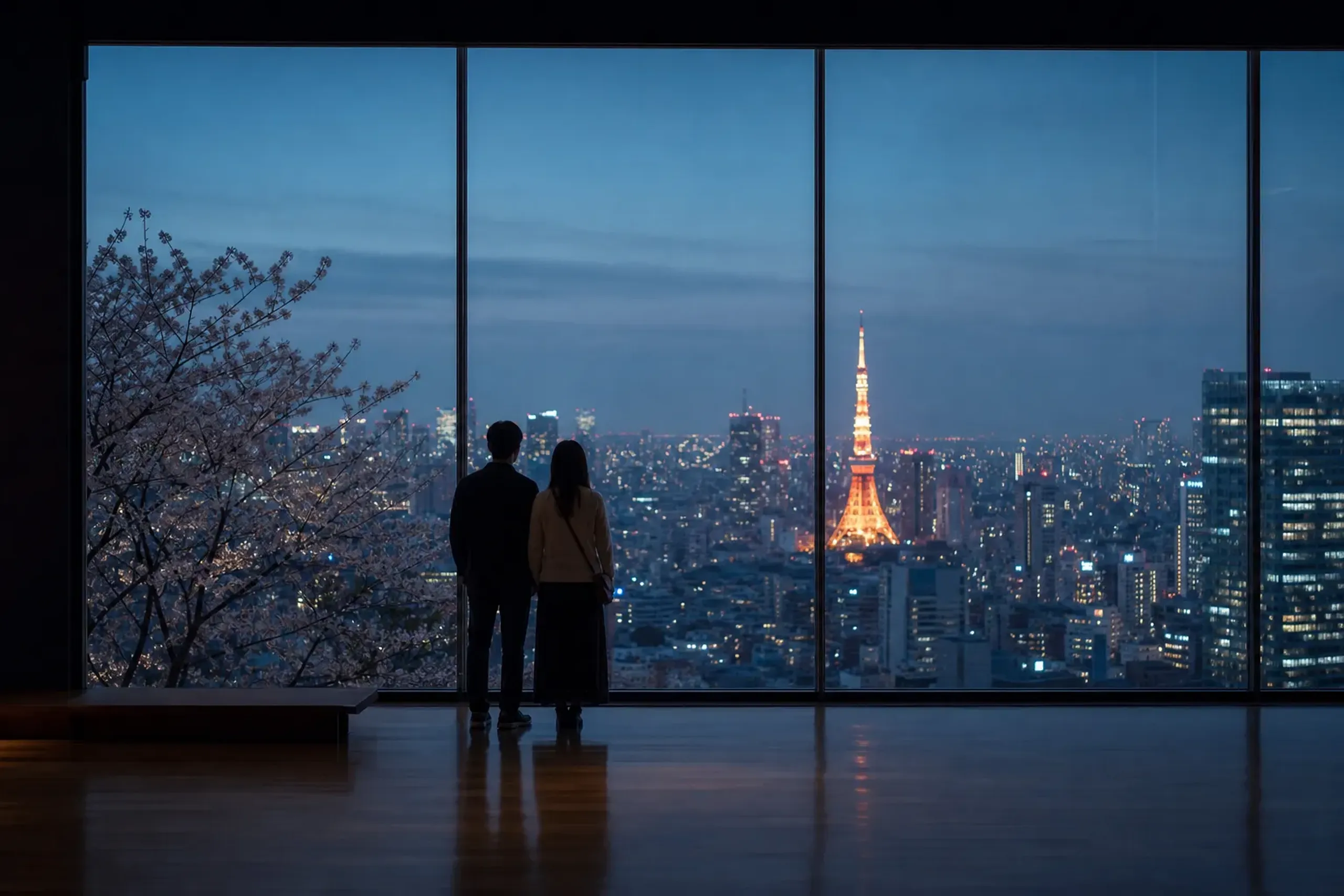 Visitors inside a high-end Roppongi museum overlook the glittering Tokyo skyline and illuminated Tokyo Tower through massive floor-to-ceiling glass windows.