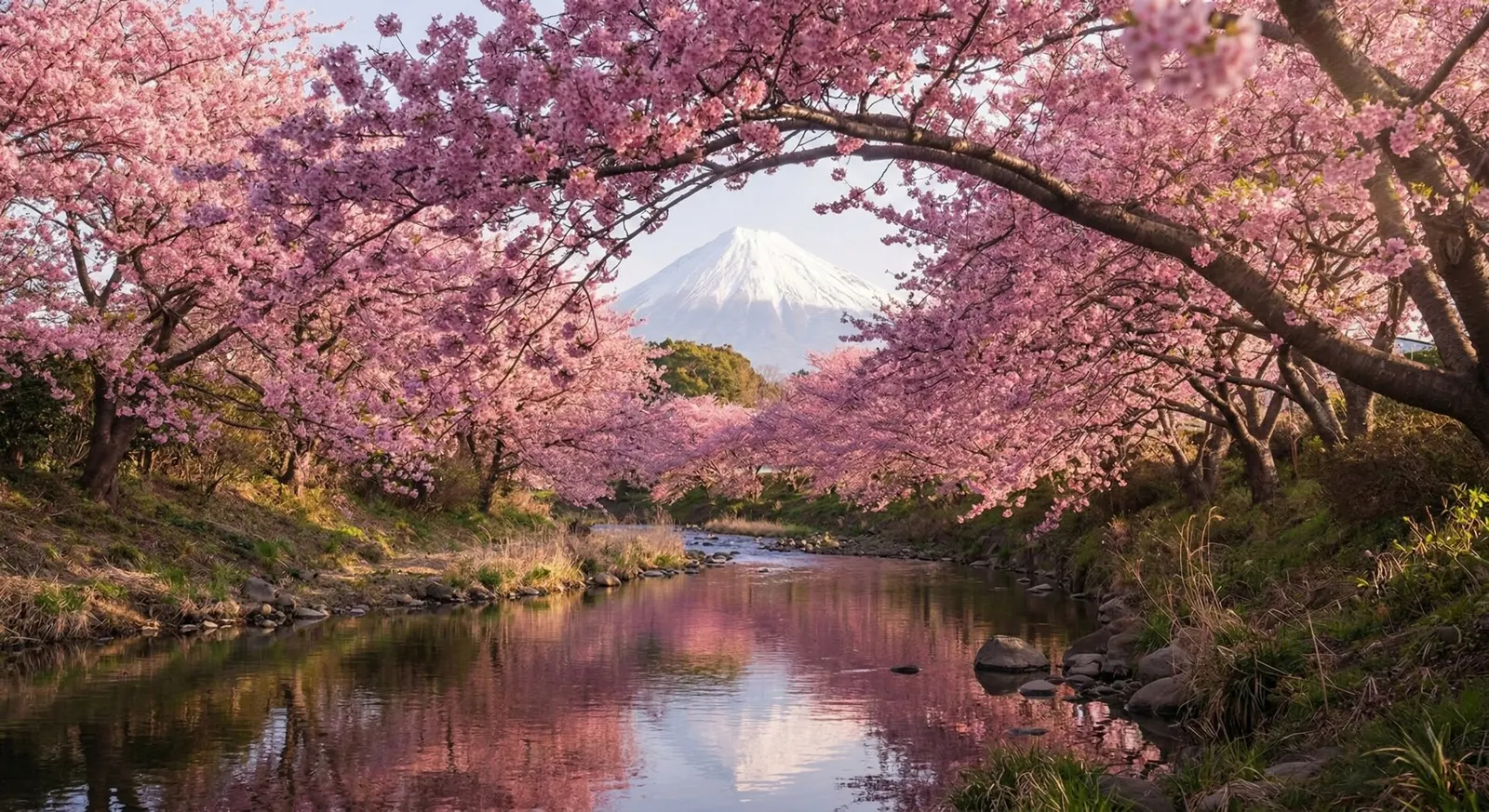 Vibrant pink Kawazu-zakura cherry blossoms in full bloom along a riverbank with a snow-capped Mount Fuji in the distance.