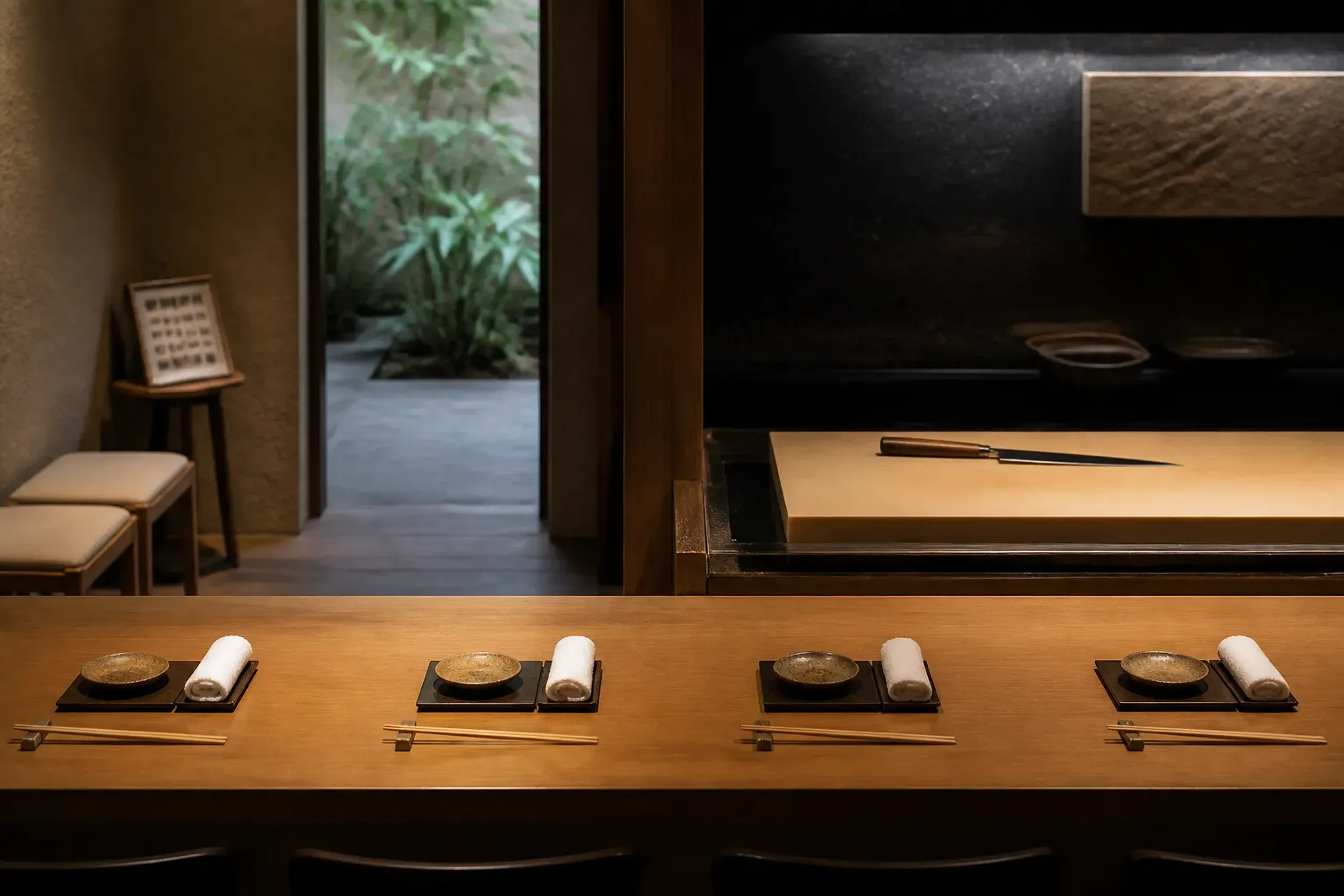 Tight interior still-life of an ultra-small Japanese counter restaurant setup: a short wooden counter with only a few place settings aligned for a fixed seating, an open pass with a single chef’s knif