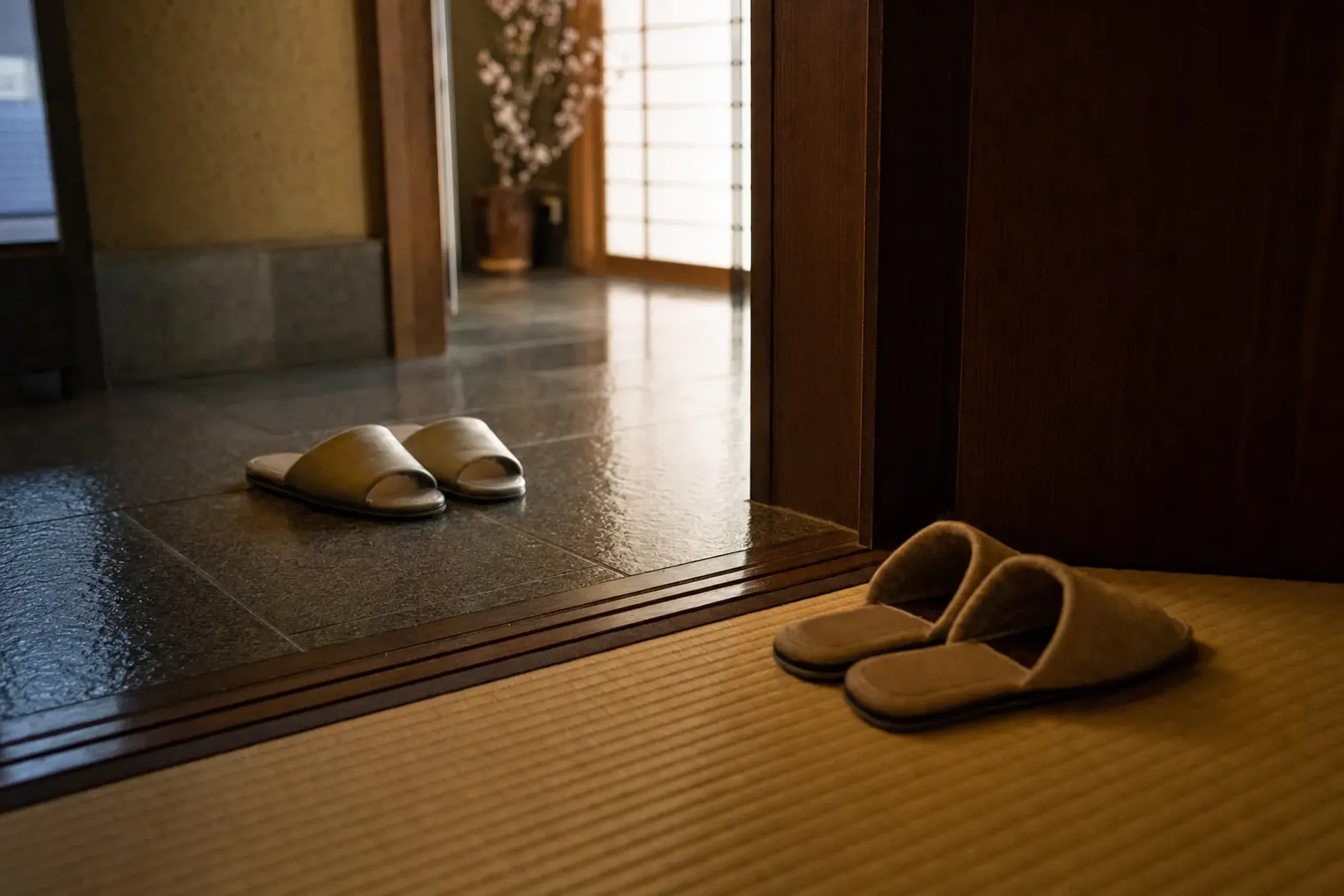 Some places set out separate slippers for the toilet area.