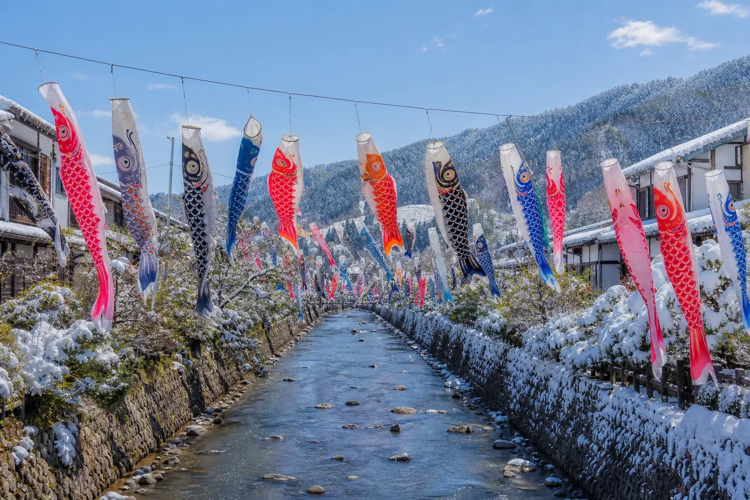 Koinobori carp streamers flying over a Japanese neighborhood during Golden Week 2026
