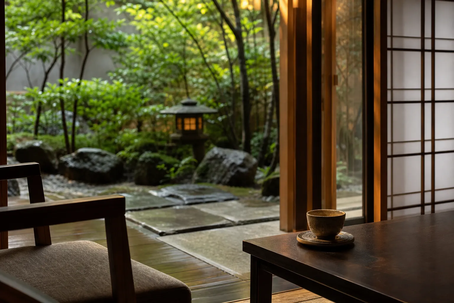 Calm minimalist luxury hotel interior in Kyoto with timber furniture and shoji screens