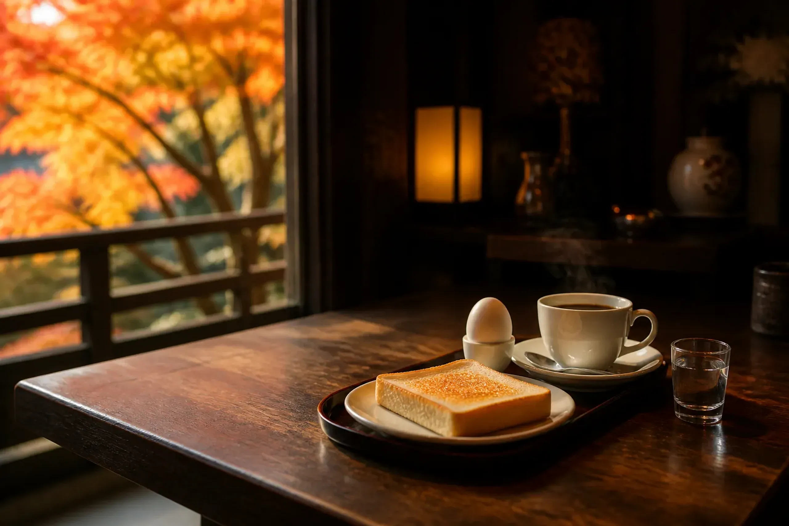 Japanese kissaten morning set with coffee, toast, and a boiled egg on a tray