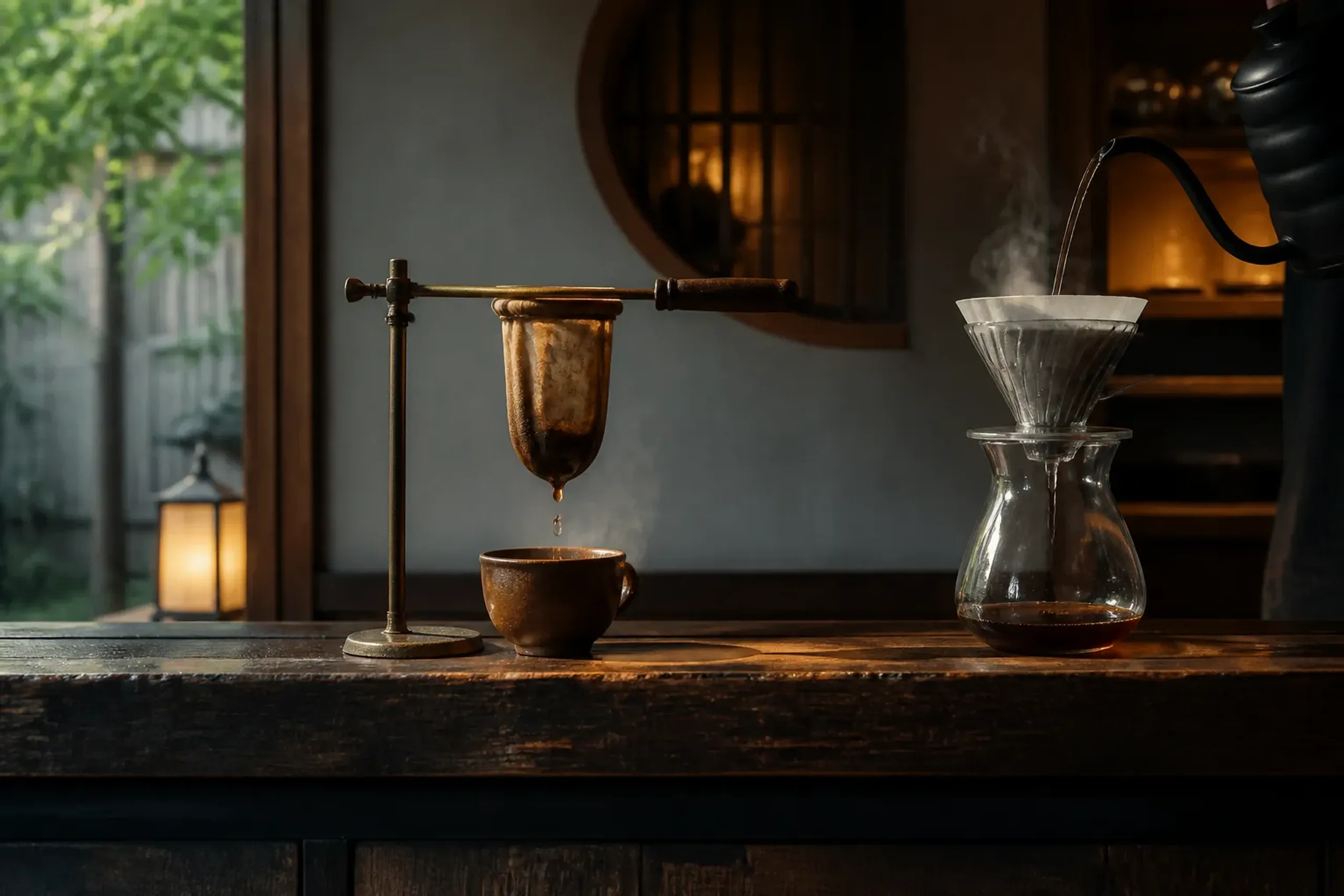A side-by-side pairing on a wooden counter: a vintage nel-drip cloth filter suspended over a warm ceramic cup beside a modern pour-over glass carafe with a paper filter and gooseneck kettle