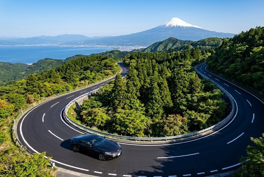 Winding mountain road through dense forest with a black car, snow-capped peak in the distance over the coastline.