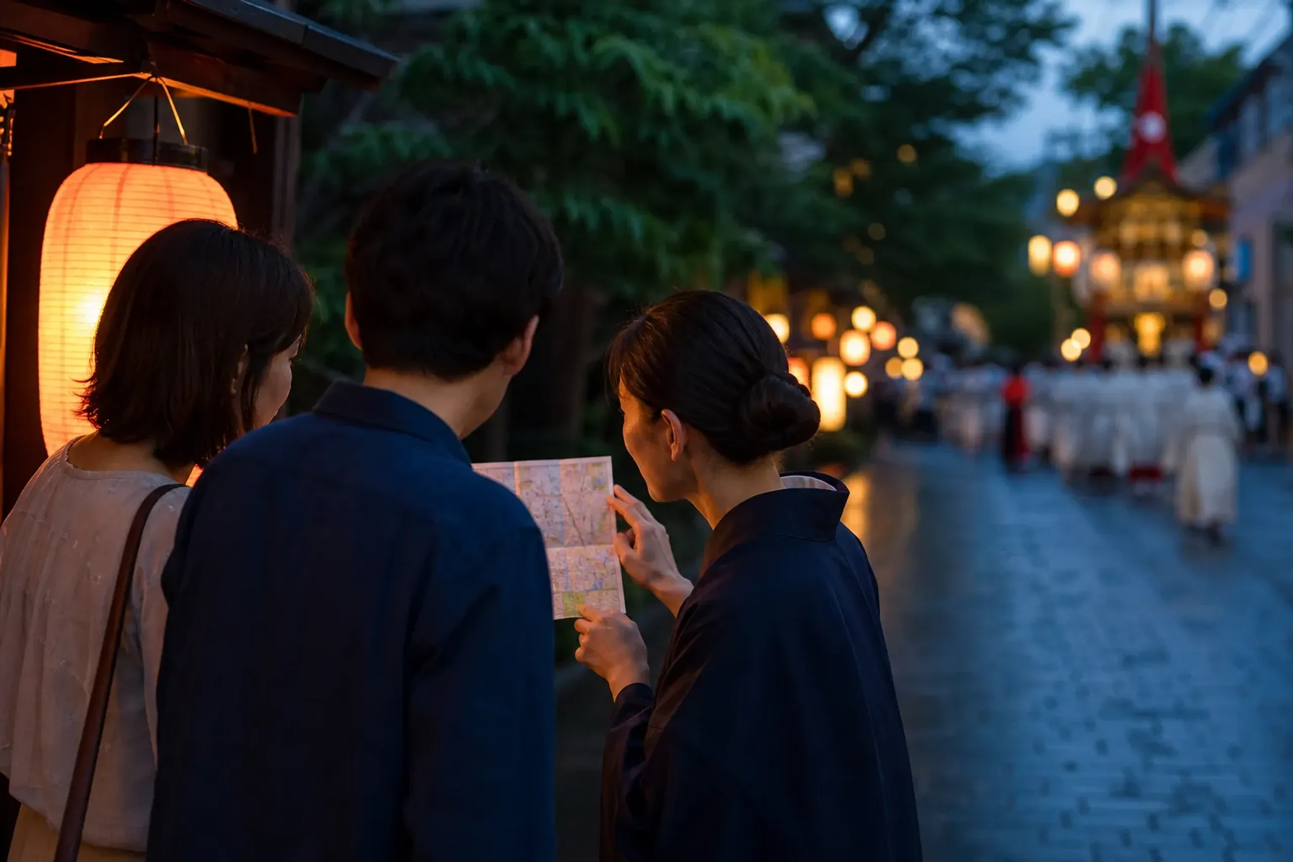 Local guide explaining a Japanese festival procession to travelers at night near lanterns
