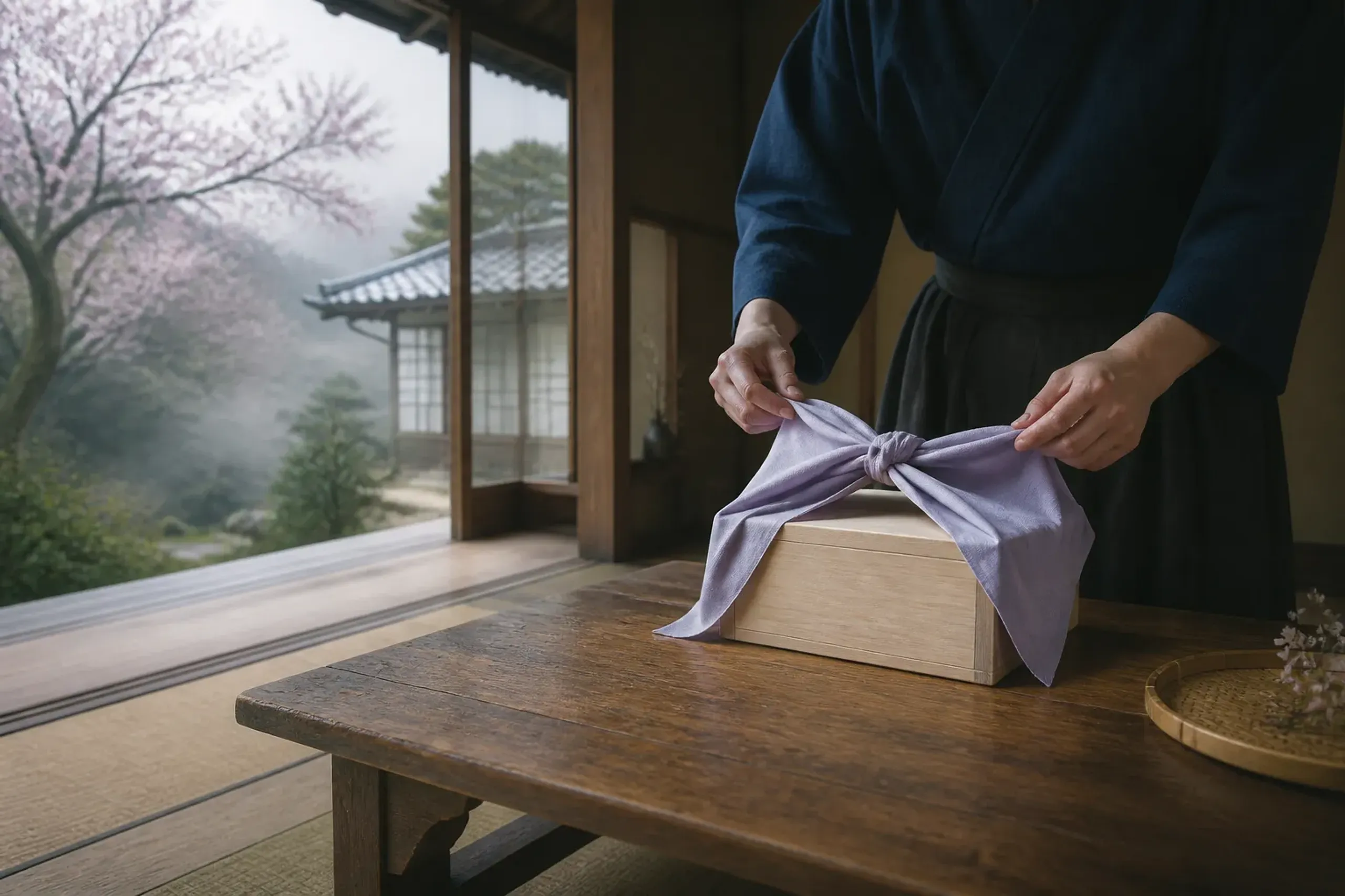 A Japanese artisan carefully wrapping a premium gift in traditional furoshiki cloth
