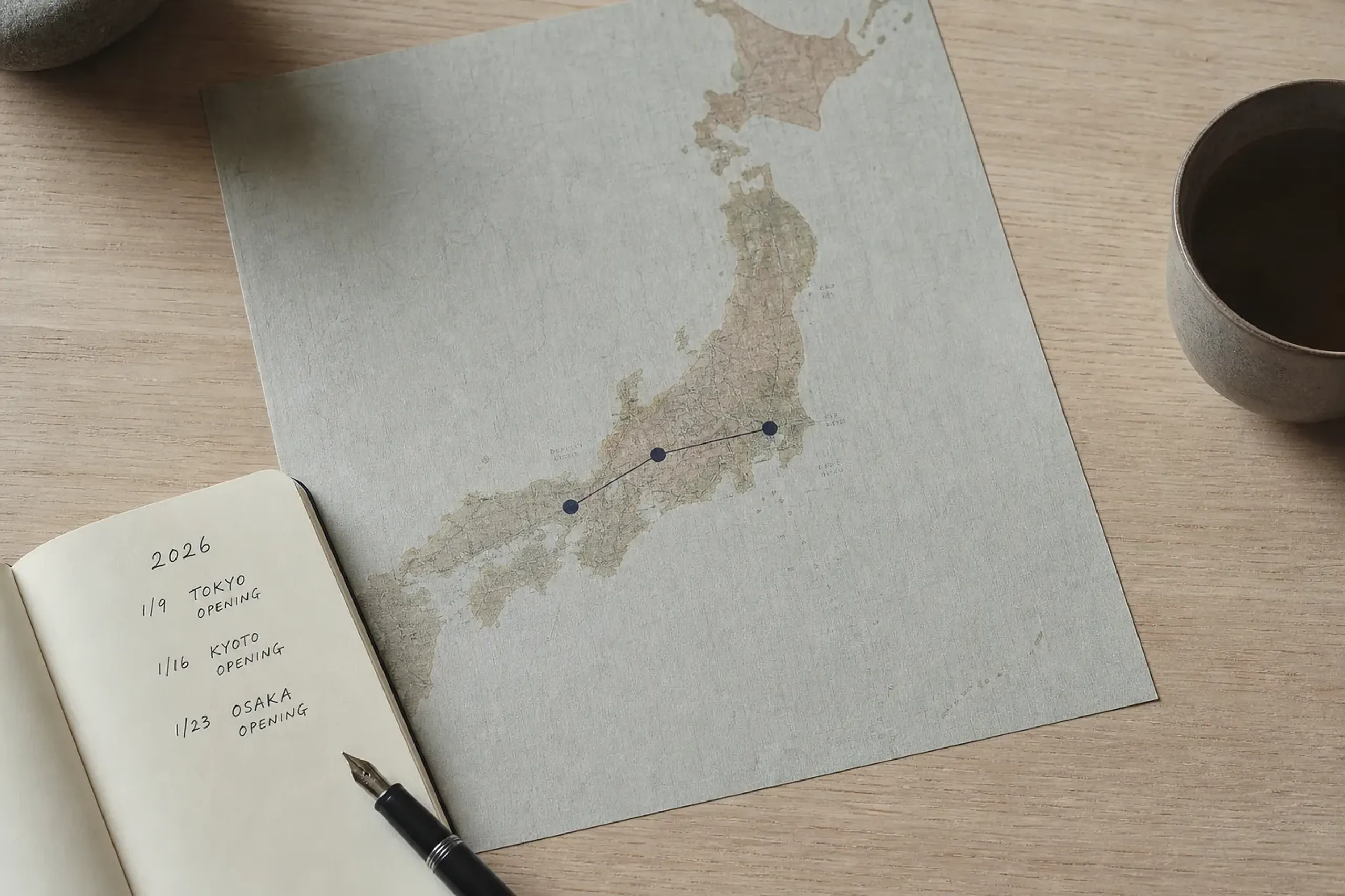 Travel planning desk with Tokyo Kyoto Osaka map and 2026 dates noted