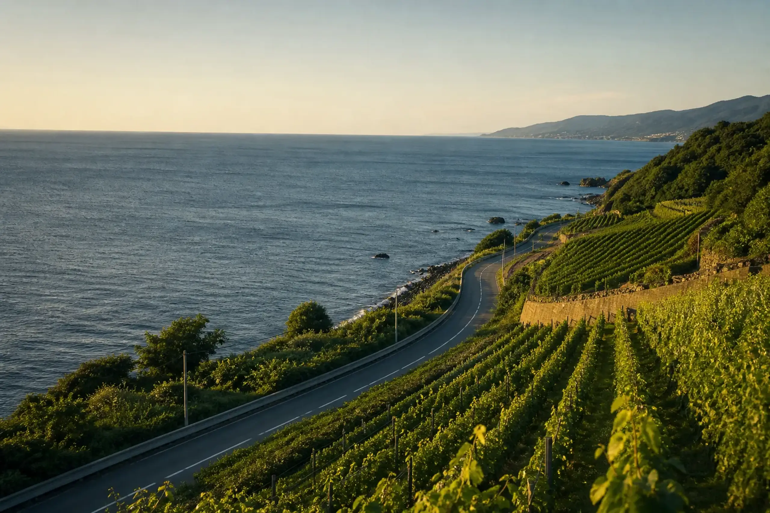 Coastal view near Yoichi with sea horizon and nearby vineyard-covered slopes