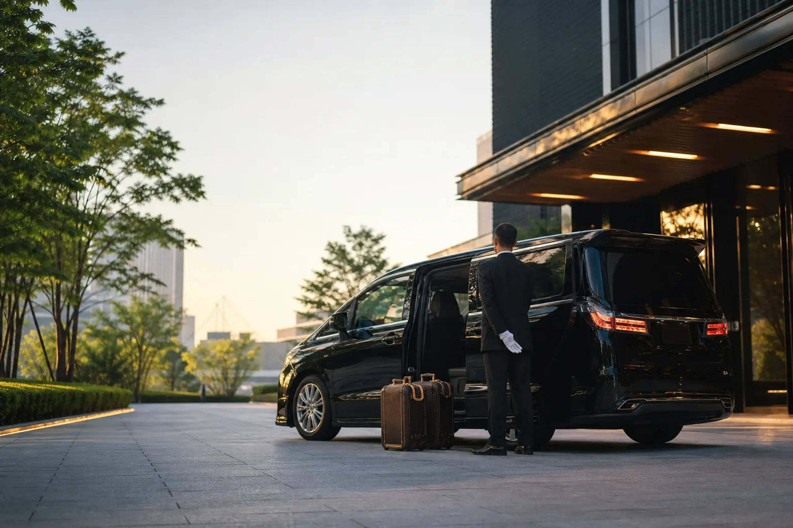 Chauffeured black luxury minivan at a quiet Tokyo hotel entrance with luggage prepared