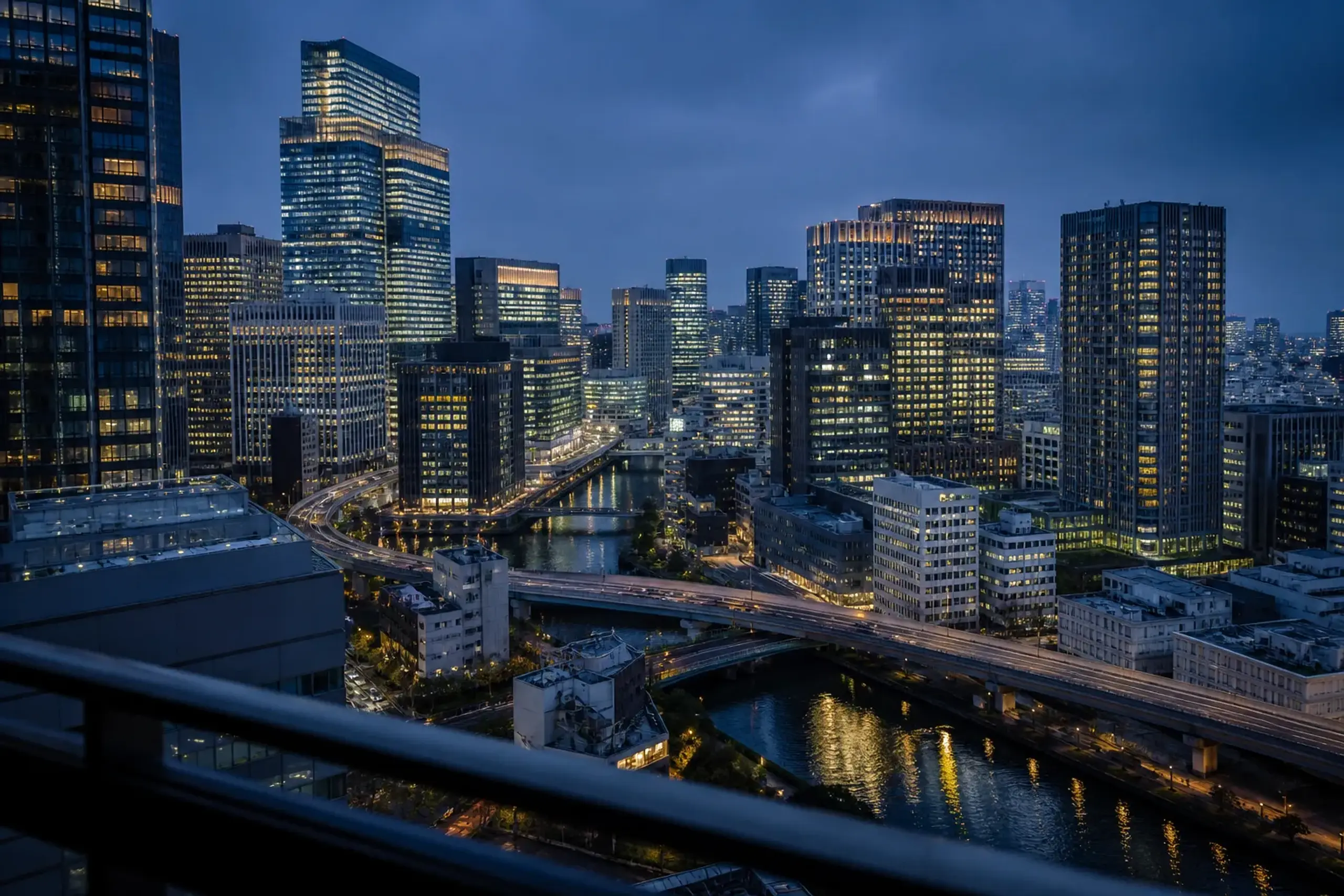 Illuminated Tokyo skyline over the Nihonbashi and Marunouchi districts at night