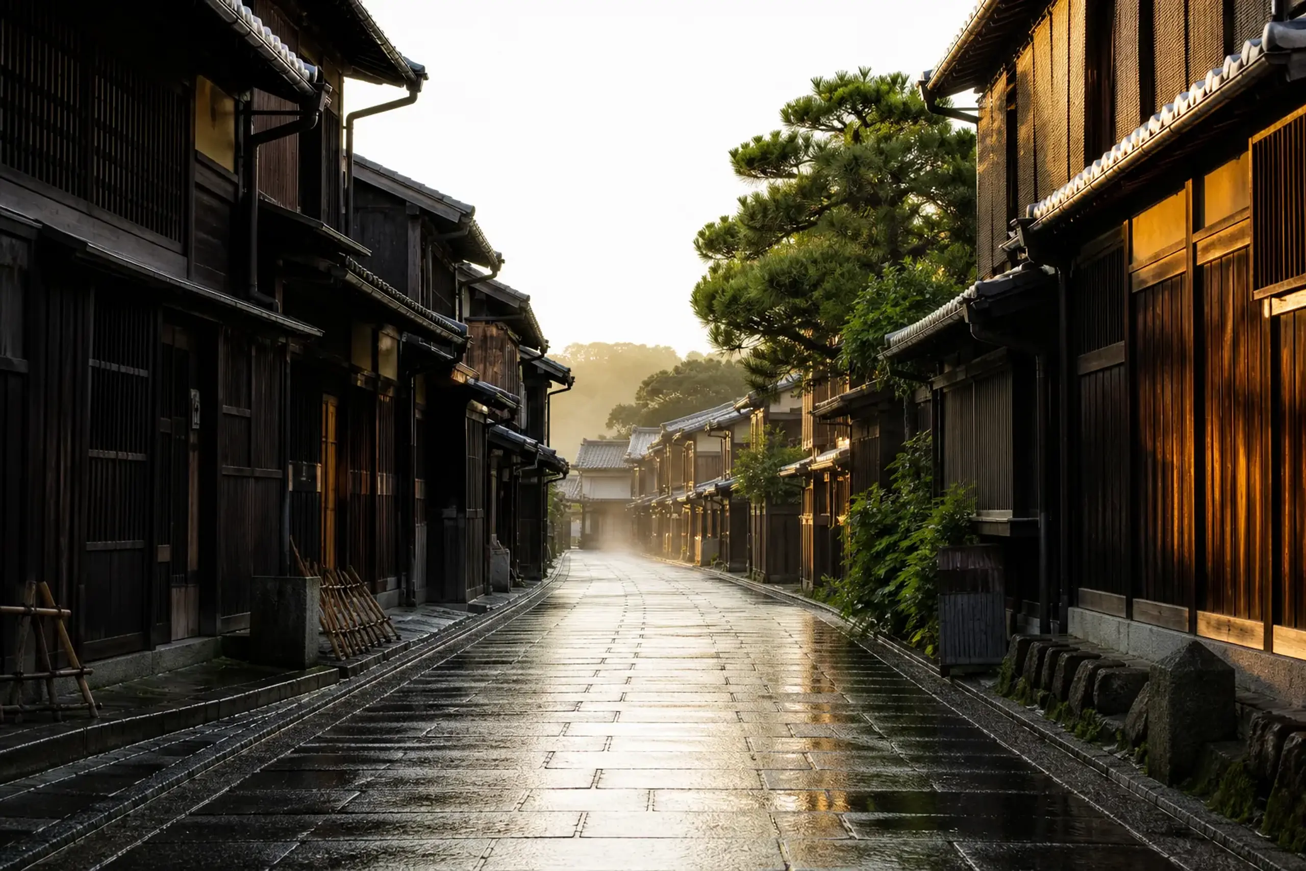 The quiet stone-paved lanes of Gion in eastern Kyoto in the first hour after sunrise, empty of crowds, with traditional wooden machiya townhouses lining the street