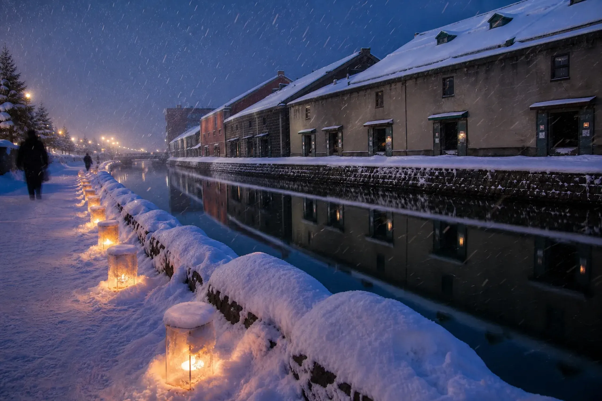 Candle lanterns glowing along a snowy walkway in Otaru during the Snow Light Path festival