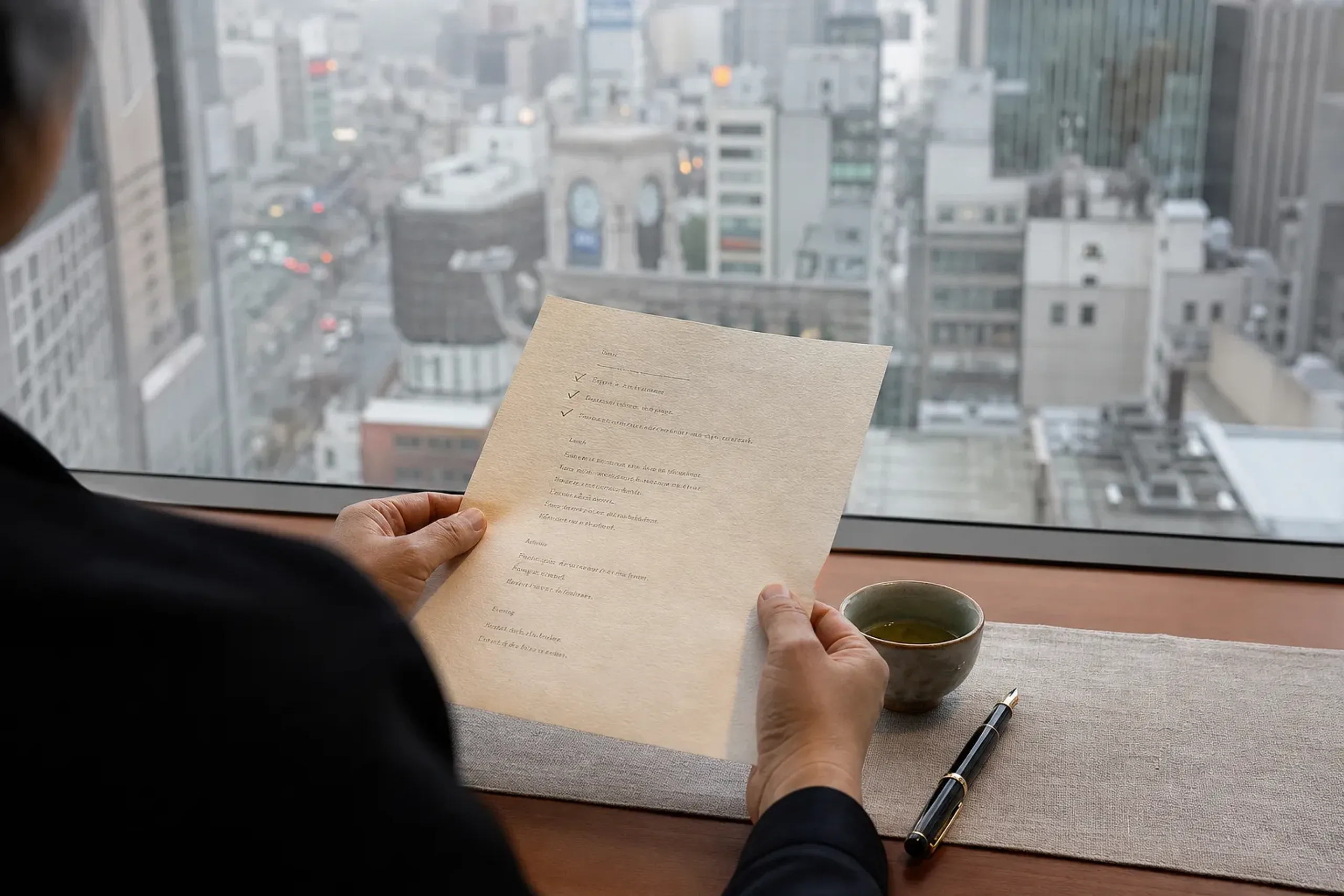 Hands holding a printed itinerary checklist on a hotel desk with a Tokyo street blurred in the background