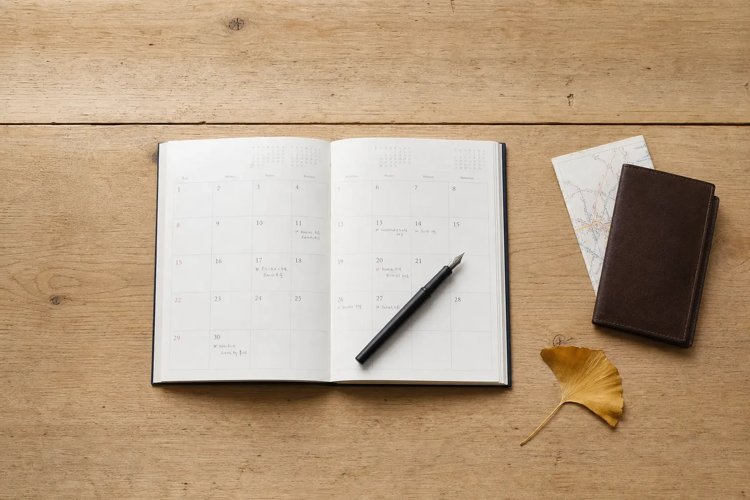 Calendar and pen on a wooden table with rail travel items, suggesting pre-trip planning