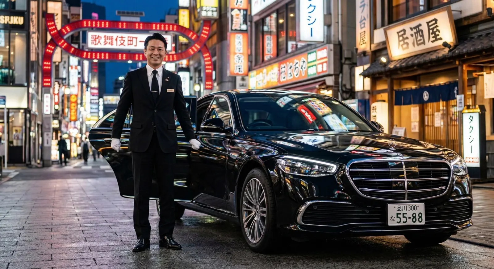 A professional chauffeur standing next to a sleek luxury vehicle, ready to transport VIP guests in Japan.