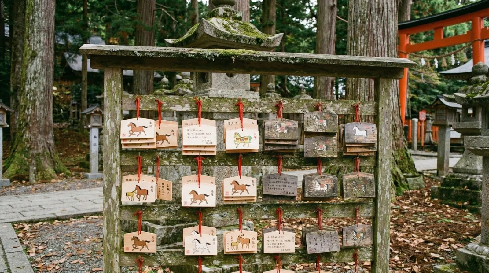 Wooden ema plaques with horse illustrations at a Shinto shrine