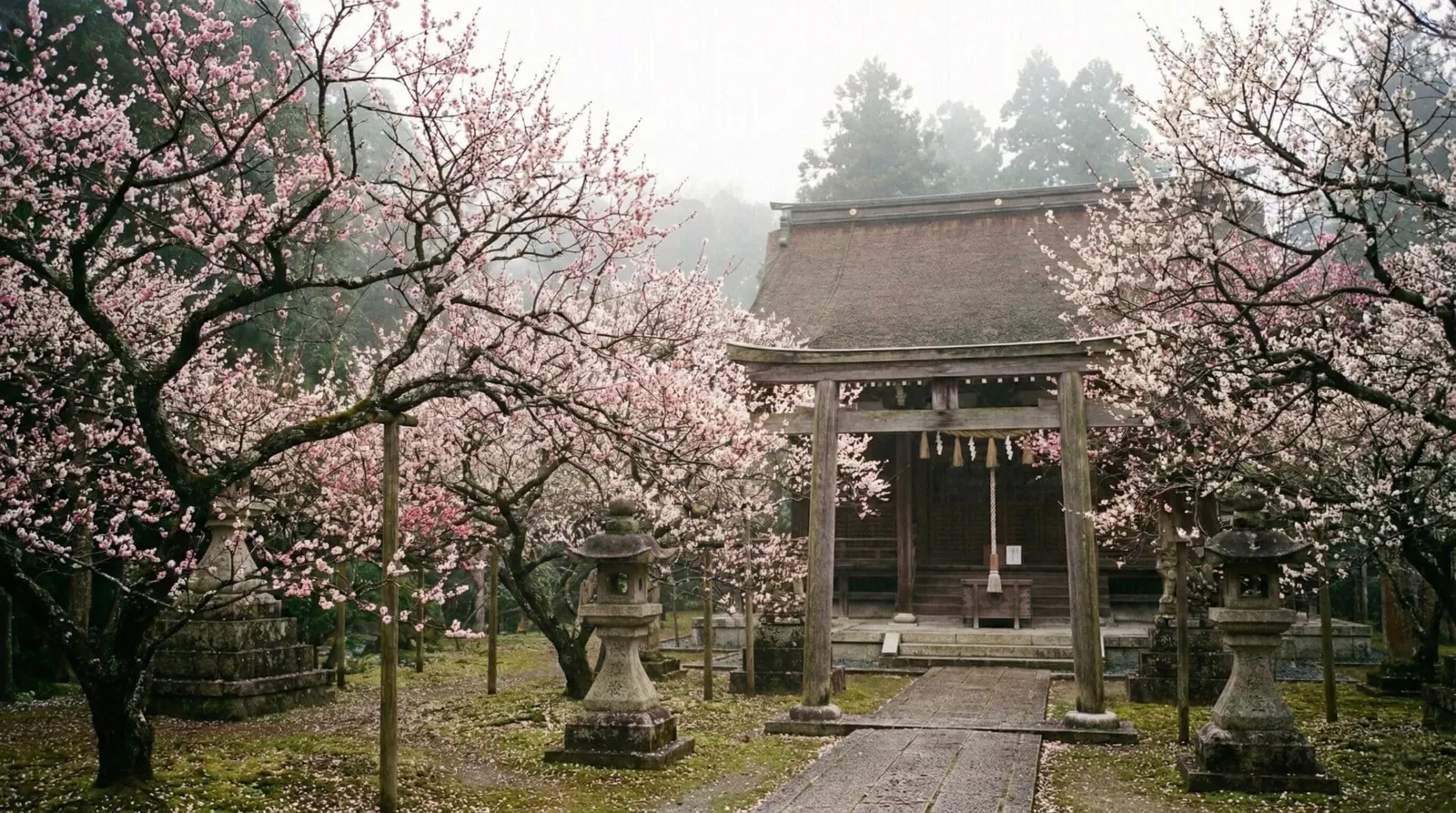 Plum blossoms in bloom framing a traditional shrine in Japan