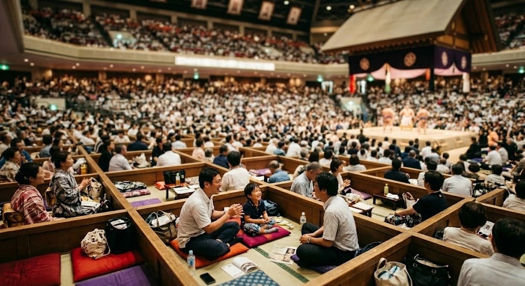 Large crowded auditorium with spectators seated on tatami mats around a circular stage, performers in the center.