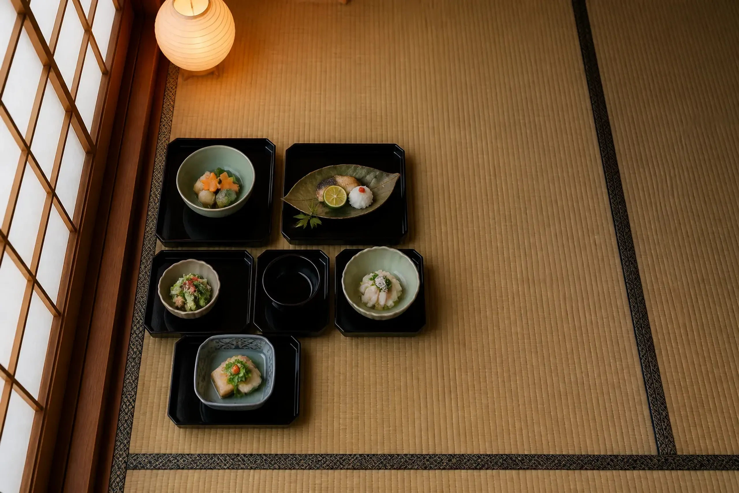 Overhead view of a kaiseki multi-course dinner arranged on lacquer trays at a ryokan