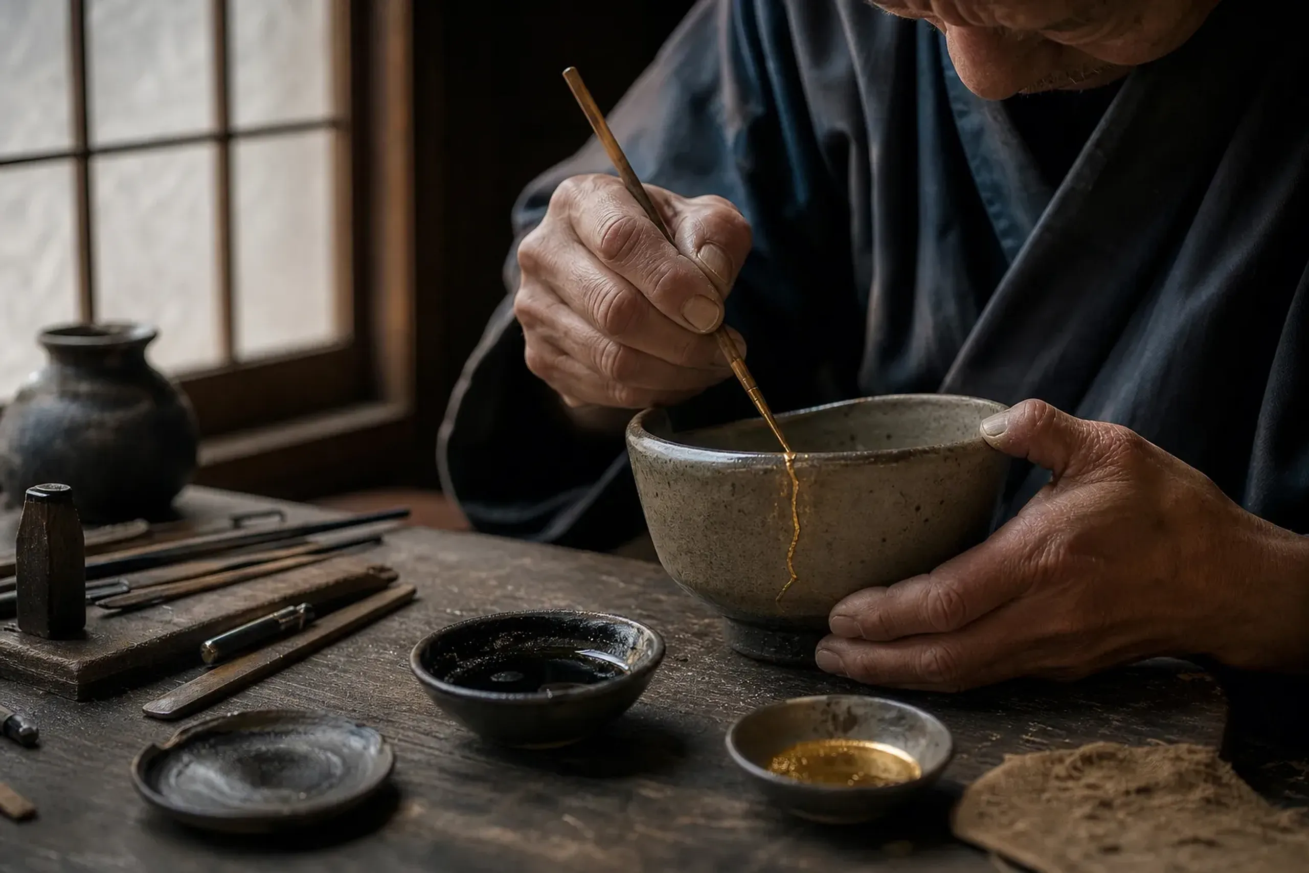 Craftsman repairing a ceramic bowl with gold lacquer in a traditional kintsugi workshop