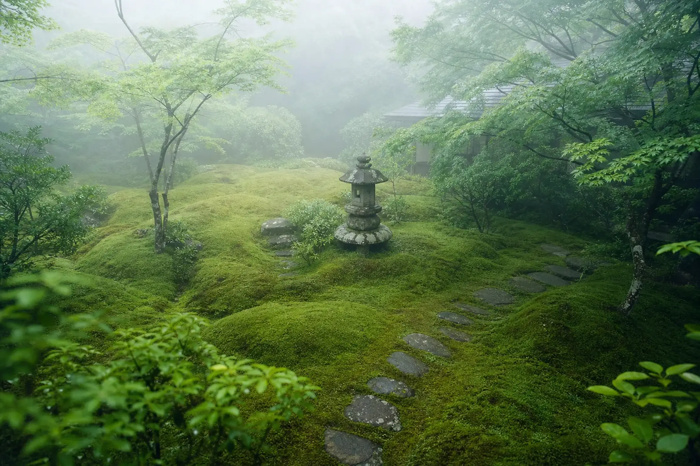 Quiet moss-covered Kyoto temple garden with stone lantern in early morning mist