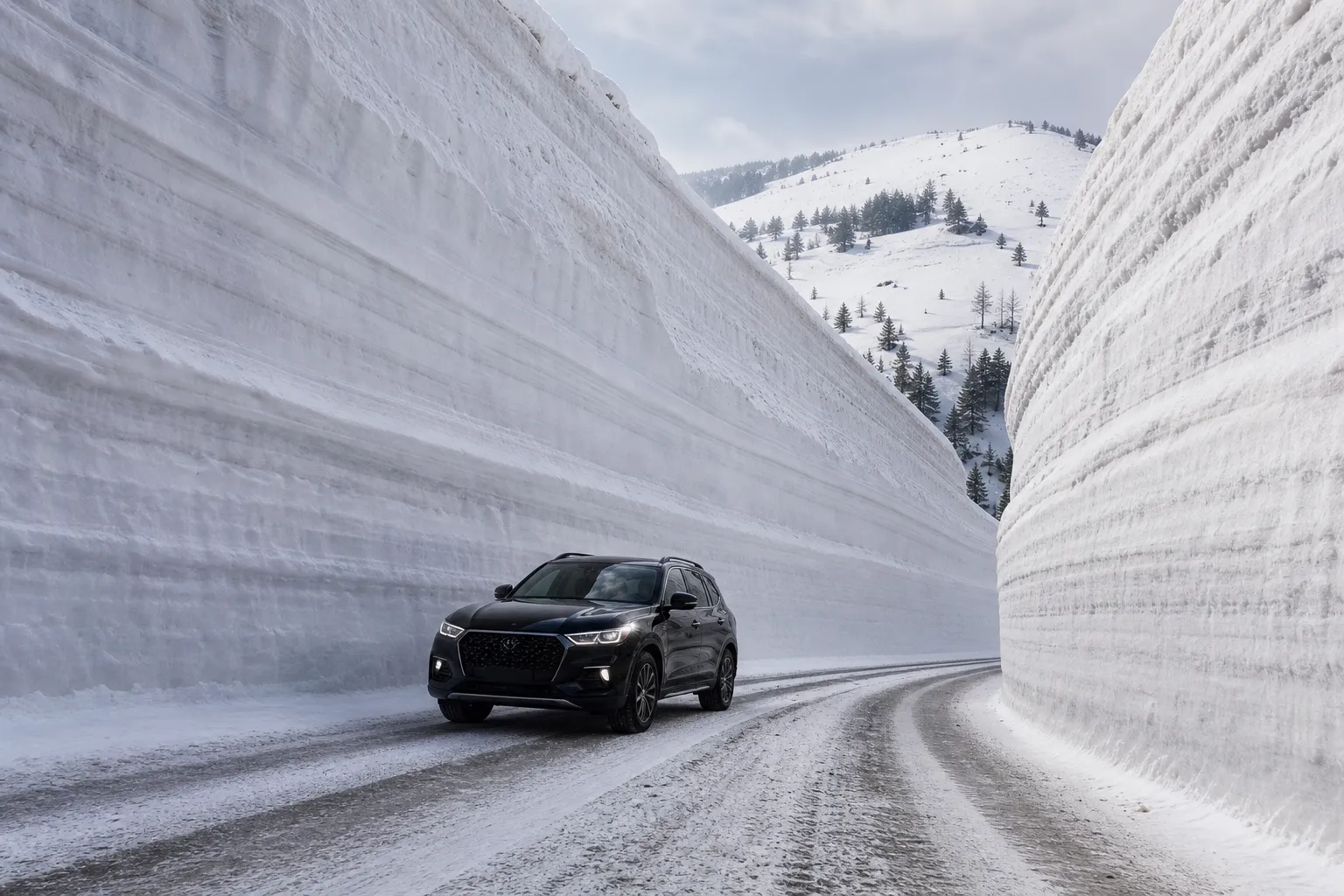 A luxury black SUV drives through a winding mountain pass with massive snow walls on both sides, illustrating safe and professional winter transport to a high-end onsen resort.