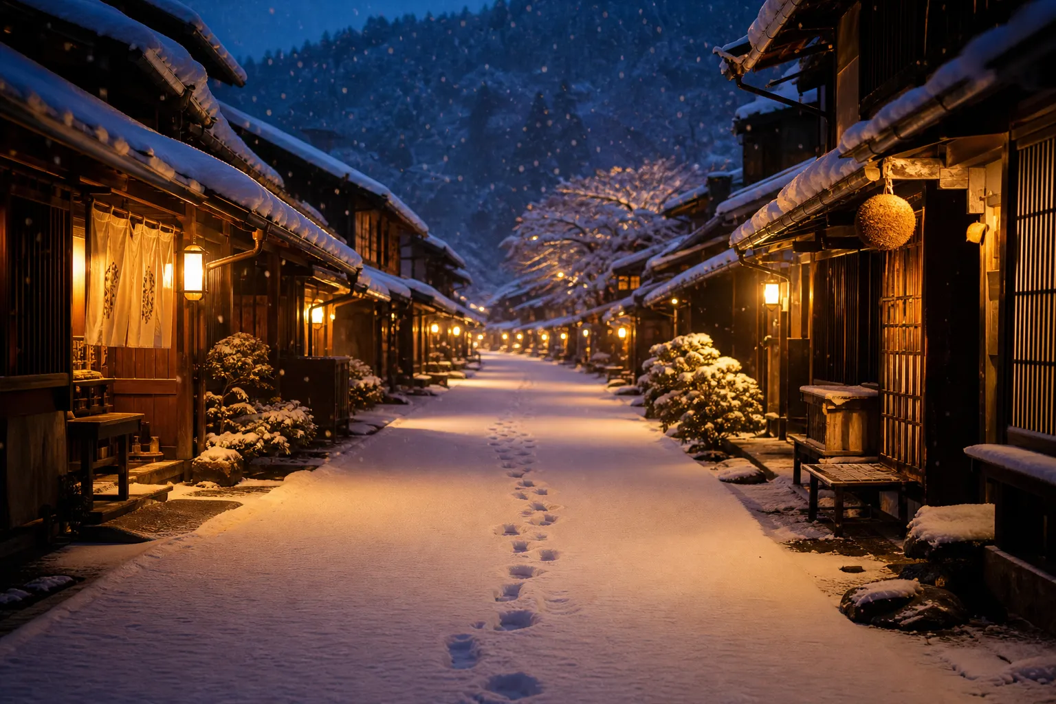 Warm winter festival lights illuminating a snow-covered street in Karuizawa