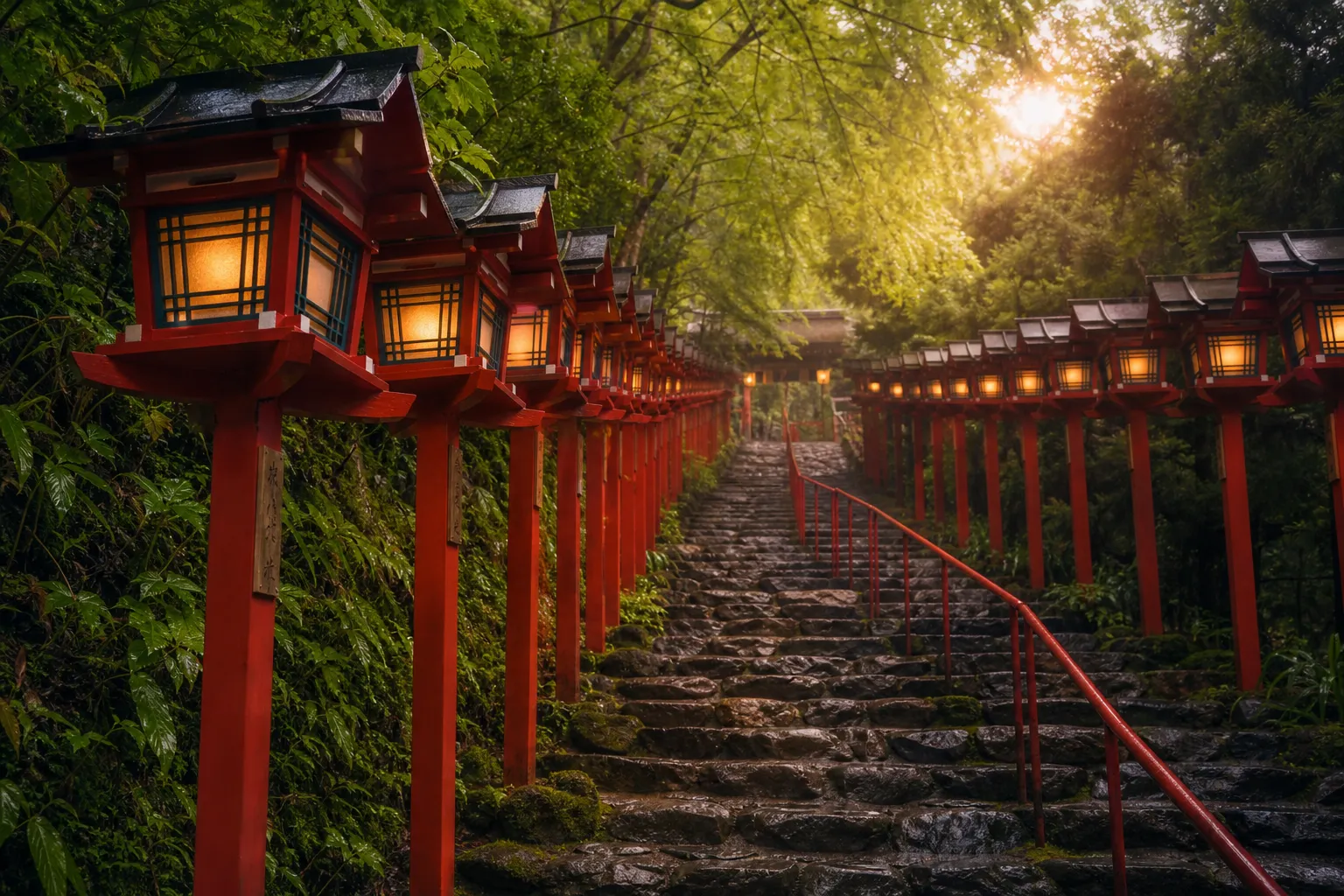 Lantern-lined stone staircase leading up to Kifune Shrine in the Kyoto mountains