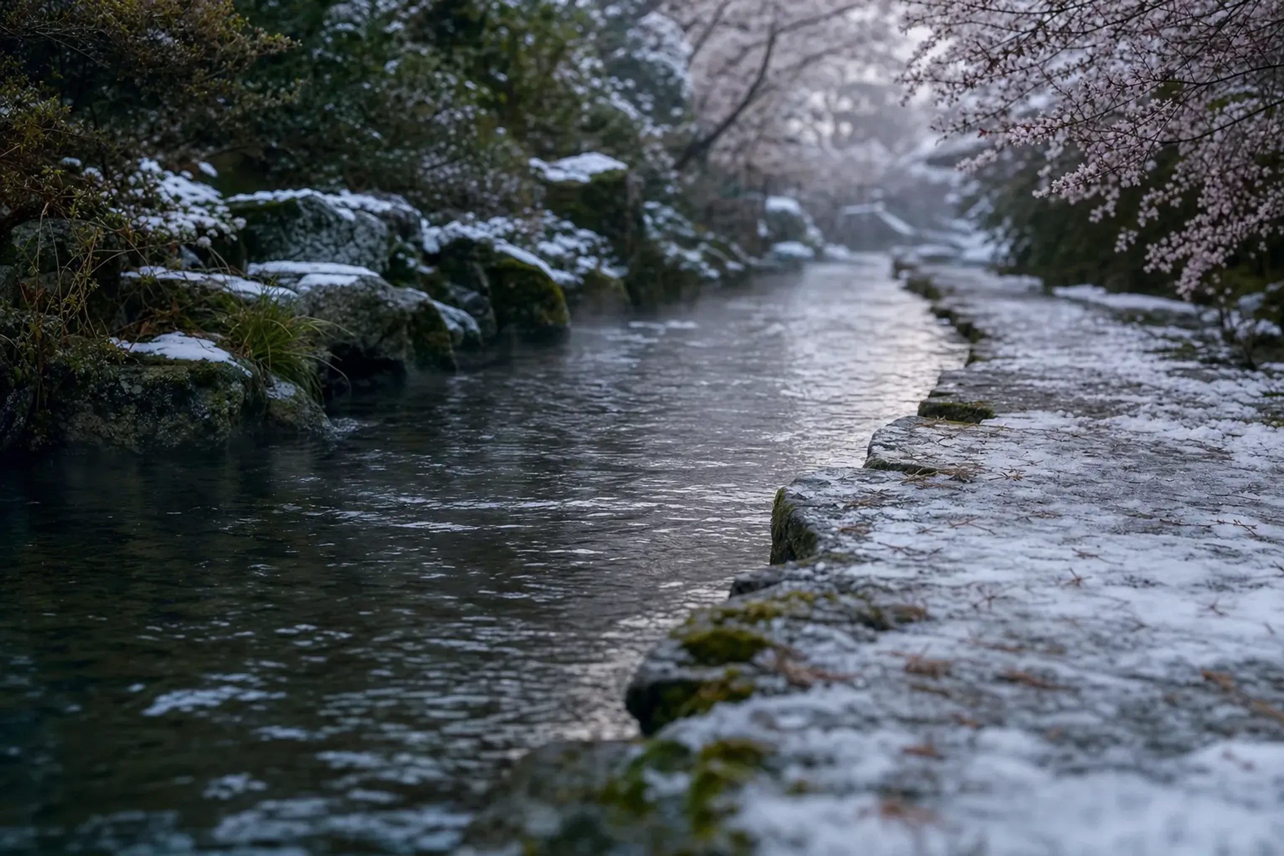 The Tatsumi canal weaving through Kenrokuen's sloped grounds, its water running past gravel paths slick with wet snow and ice in winter