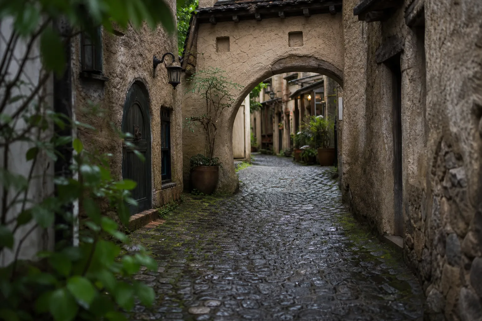Curved alleyway architecture and arched doorway details in Kichijoji Petit Mura