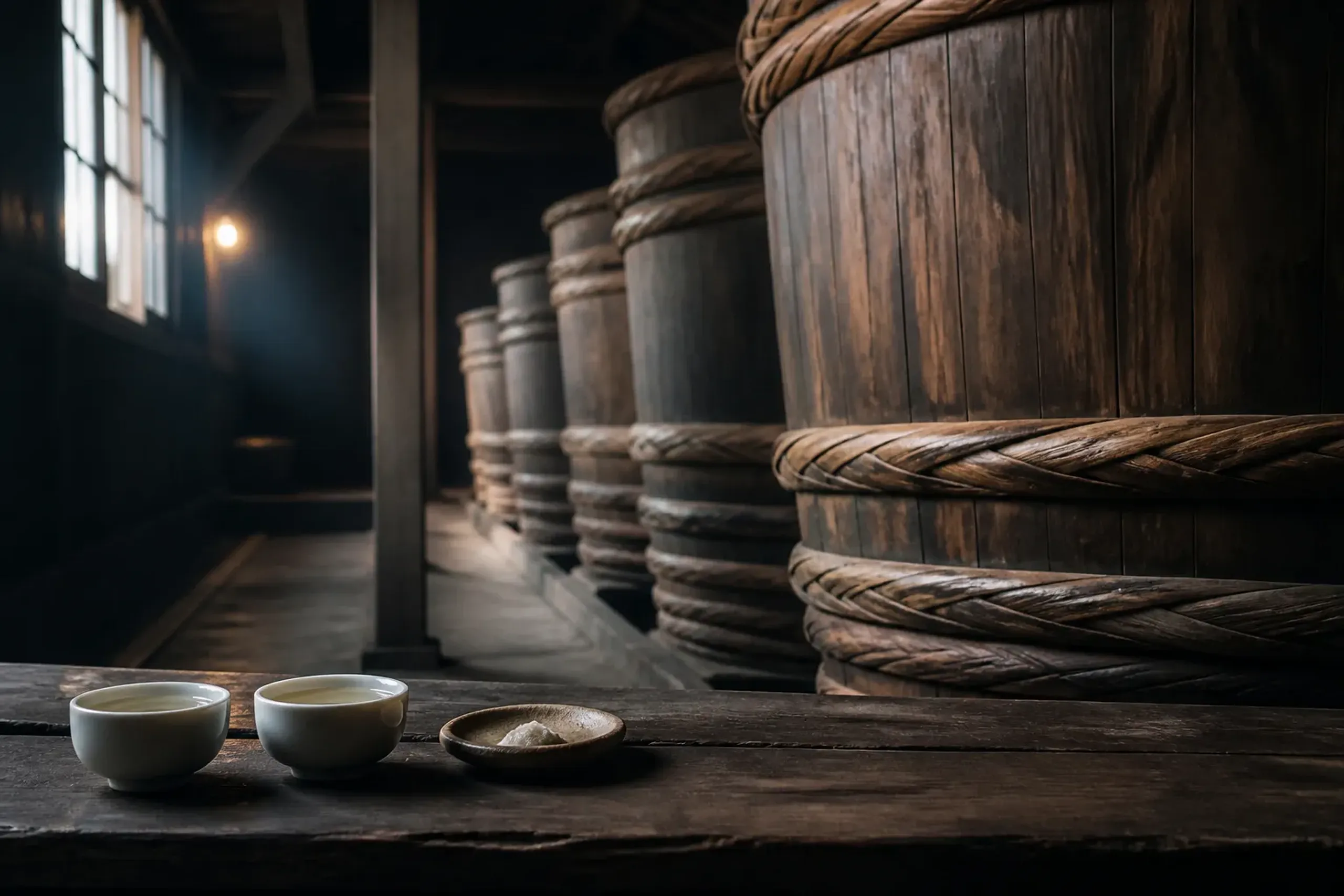 Sake tasting setup in Kobe’s Nada district with brewery wood details and tasting cups