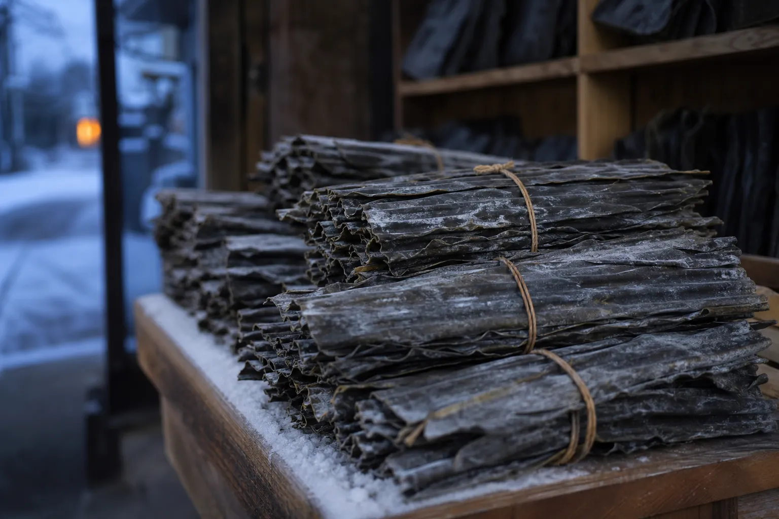 Bundles of dried kombu kelp stacked in a traditional Japanese kelp shop
