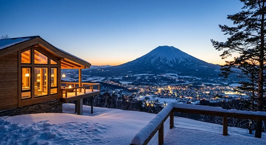 A majestic snow-capped Mount Yotei stands tall against a twilight sky, providing a breathtaking background for a warm, inviting luxury ski chalet surrounded by untouched pristine deep powder snow.
