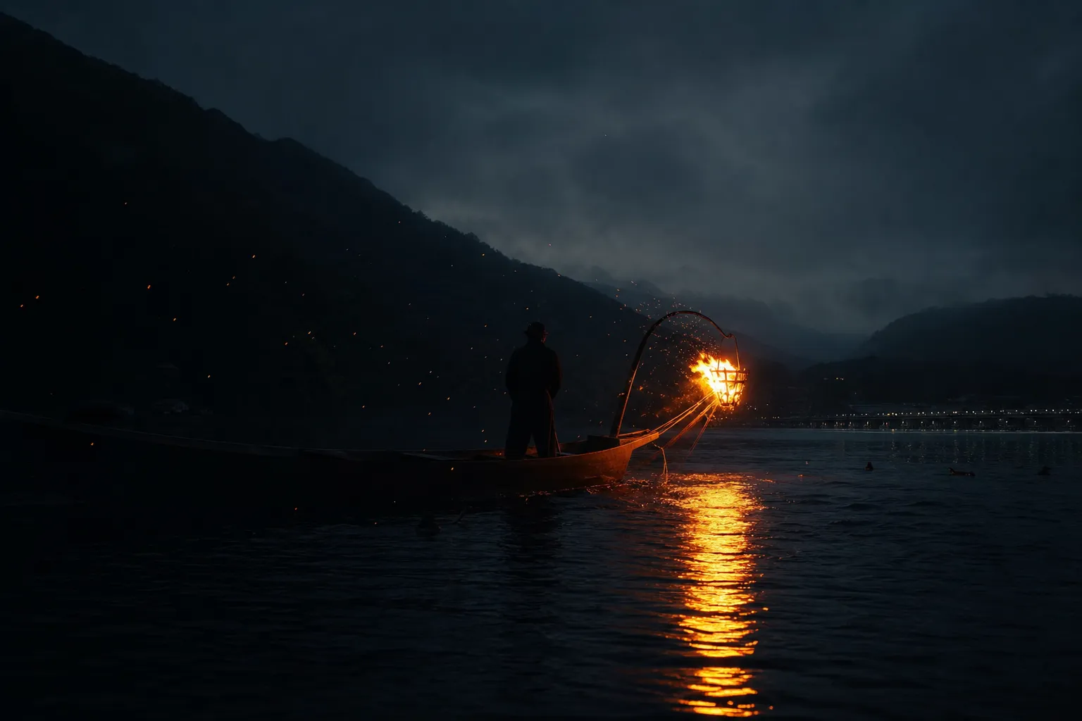 a hanging iron basket of burning pinewood casting firelight over the dark current of the Ōi River in Arashiyama at dusk, with a cormorant fishing boat silhouetted below the wooded hills near the Toget