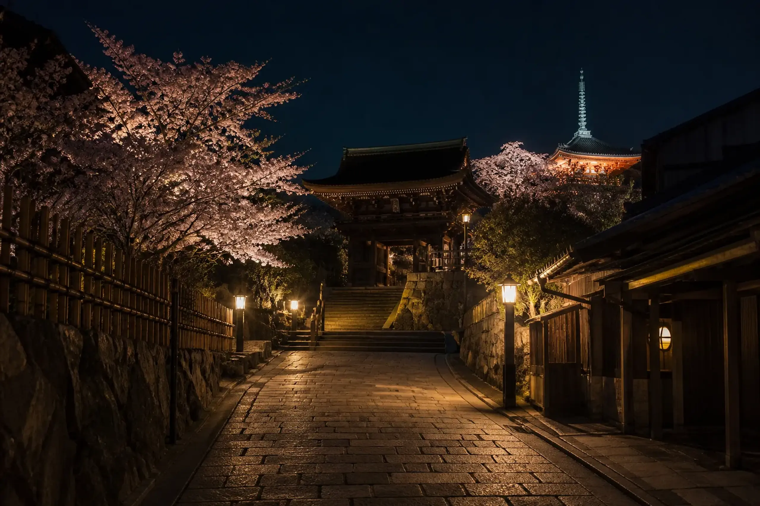Illuminated stone walkway at night near Kiyomizu-dera area in Kyoto, no people