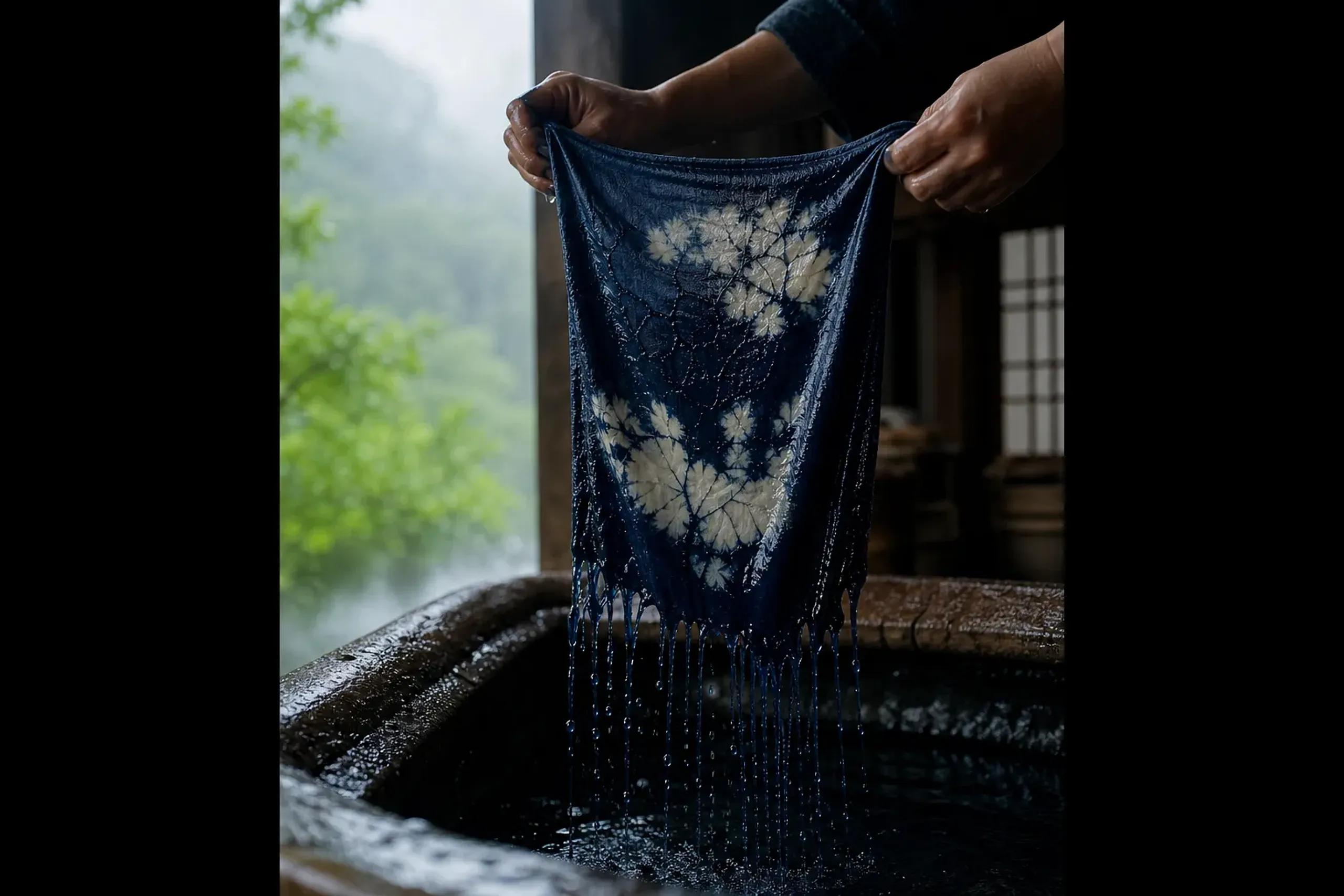 Freshly dyed roketsu wax-resist cloth being lifted from a dye vat at a Kyoto dyeing studio