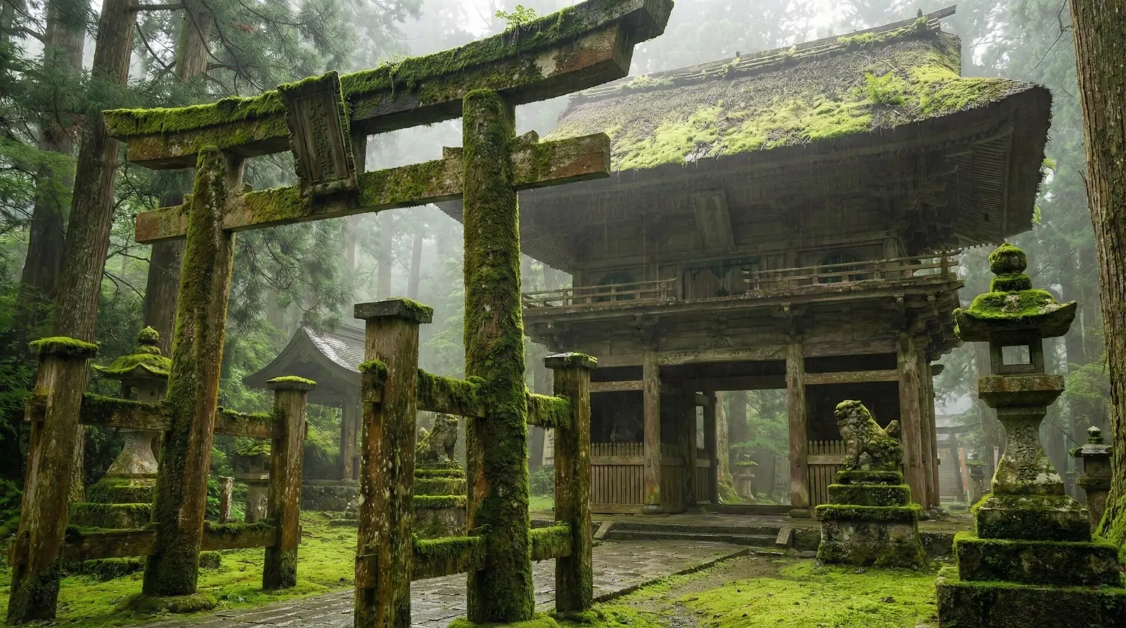 Traditional wooden gates of a 13th-century Kyoto sub-temple surrounded by lush green moss.