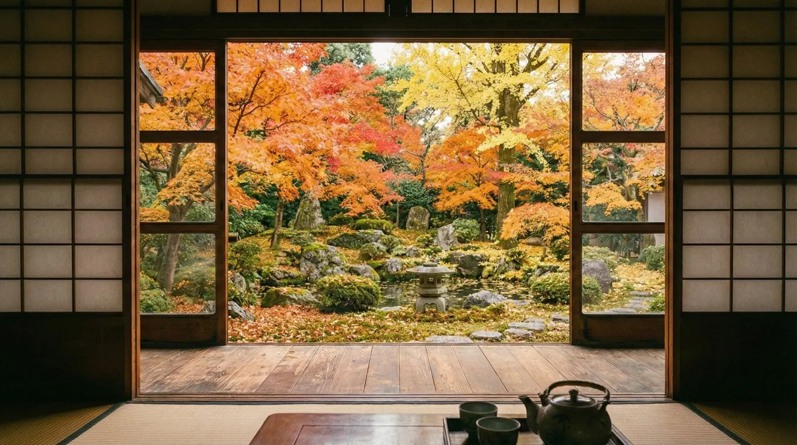 View of a vibrant Kyoto garden with red maple leaves seen from the interior of a traditional temple.