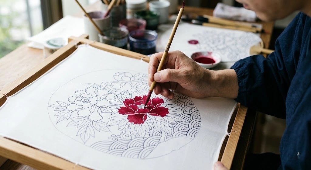 Person painting a red flower within a circular floral design on fabric stretched in a wooden frame.