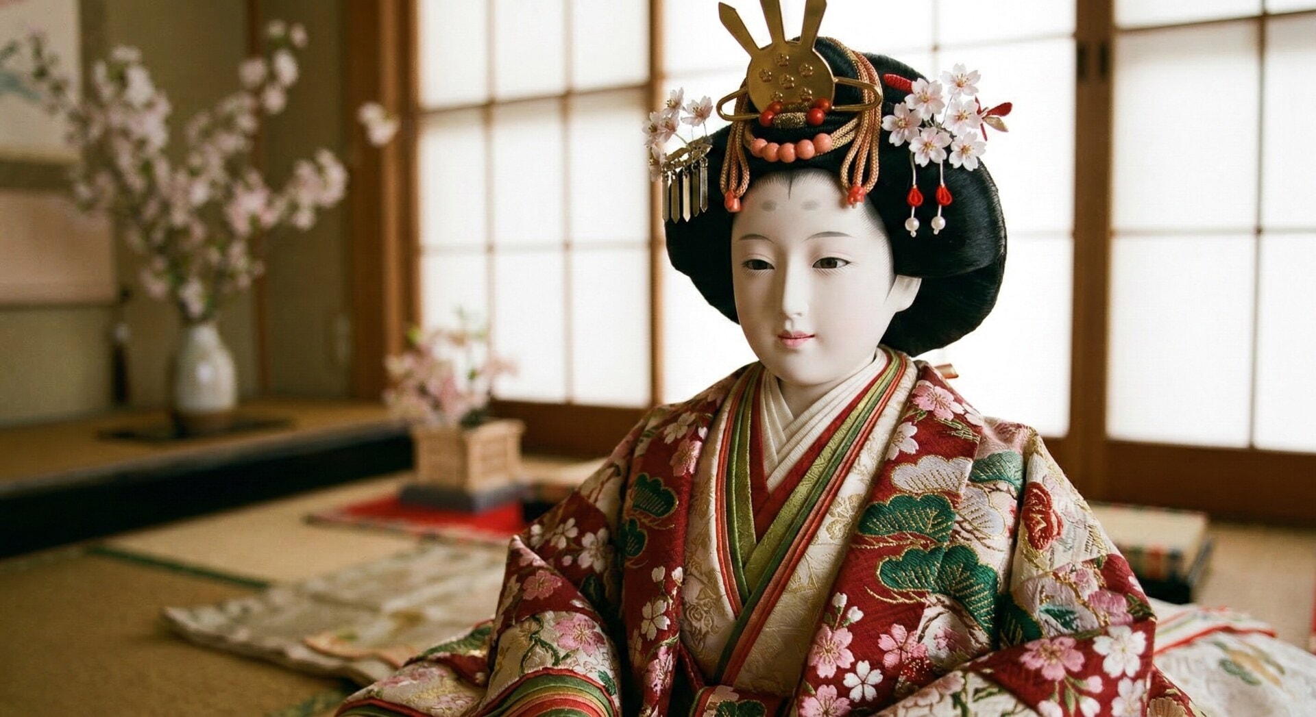 A close-up shot of a Japanese Empress doll's face and silk kimono, showing the fine craftsmanship of Kyoto doll makers.
