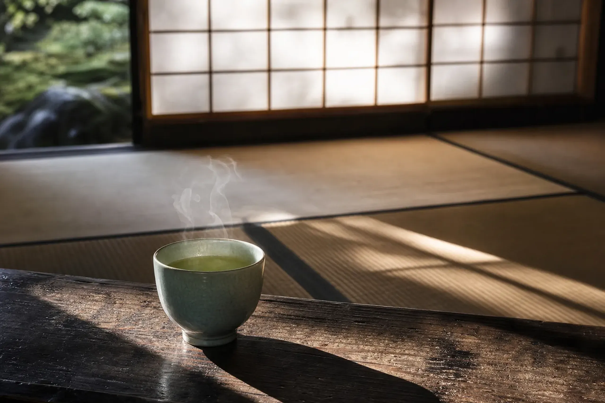 Green tea served on a low table inside a traditional Kyoto machiya townhouse with tatami and shoji screens