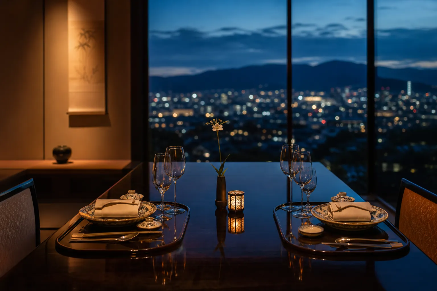 A large dining table set for dinner inside the Presidential Suite with a view of the evening lights.